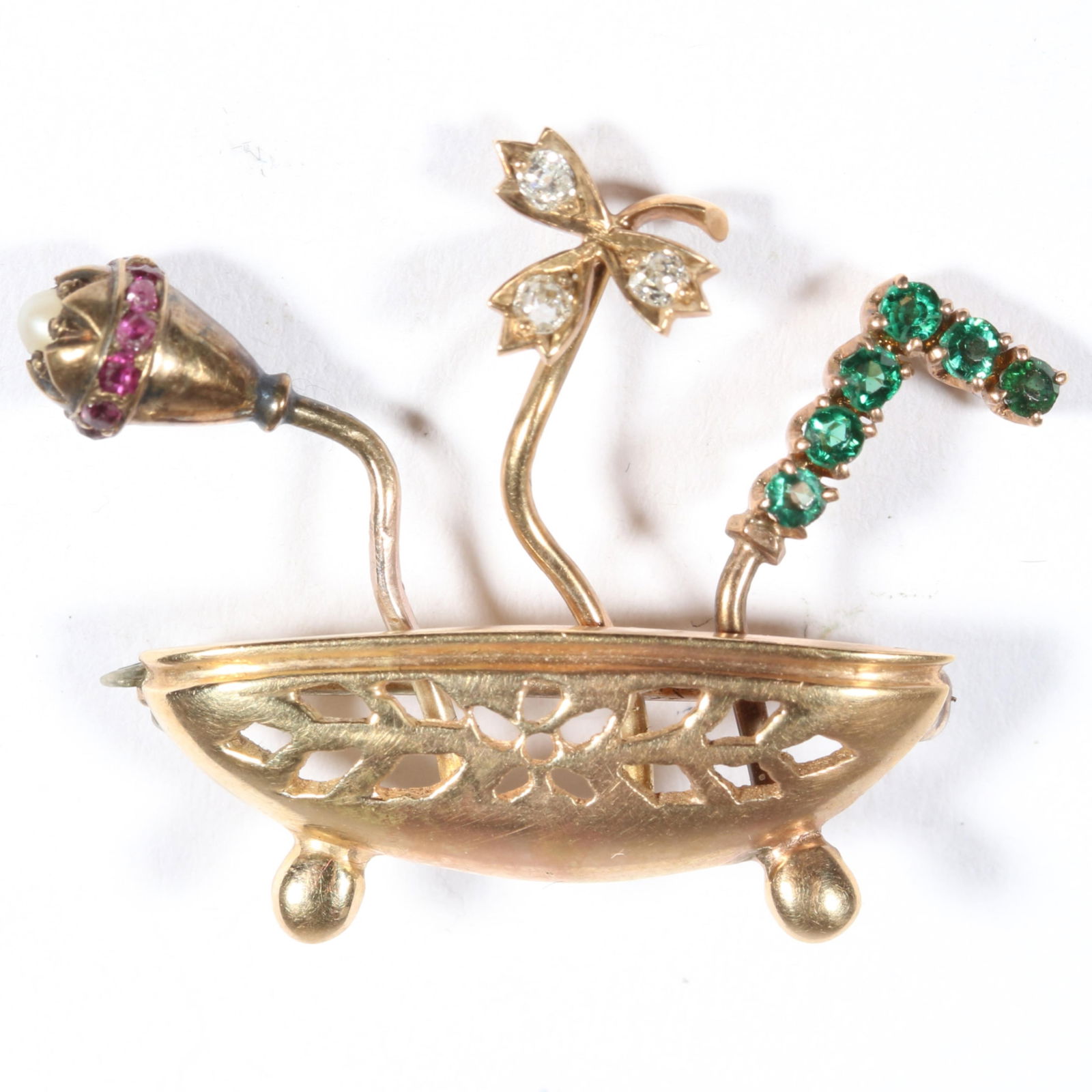 10K unmarked tested yellow gold flower pot brooch with diamonds, emeralds, rubies, and a pearl. 1 (1 of 6)
