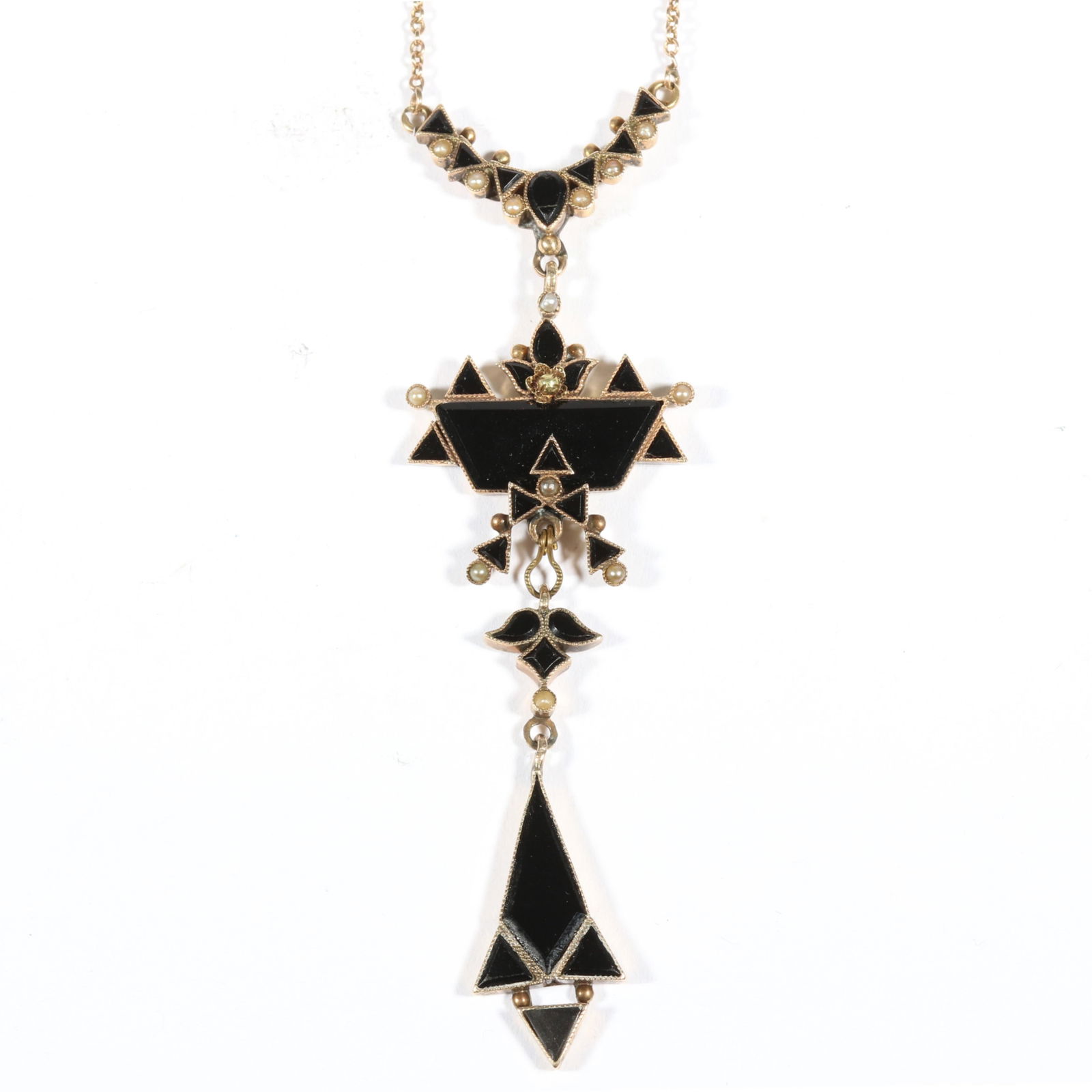 10K yellow gold onyx and seed pearl necklace. 8 1/8" L x 3 IN (drop) (1 of 10)