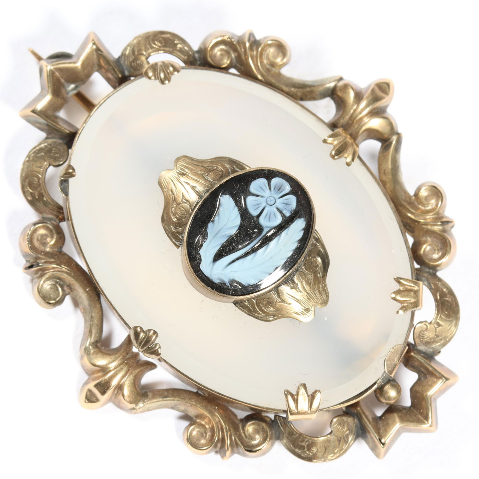 Victorian 10K-14K unmarked tested yellow gold chalcedony agate flower cameo brooch. 2 1/2"W x 1 (1 of 7)