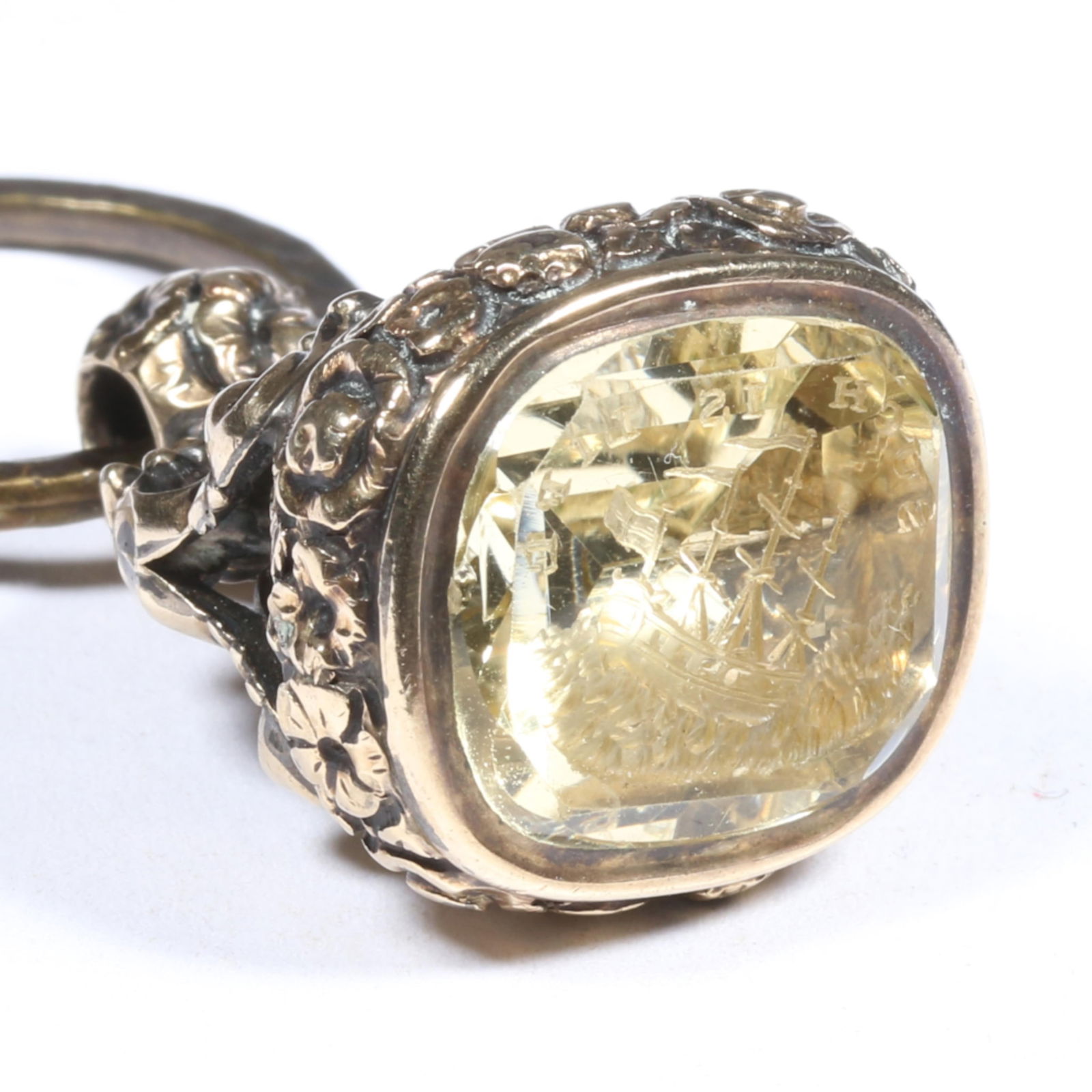 14K gold Victorian ornate floral fob seal with intaglio carved gemstone seal depicting a ship (1 of 10)