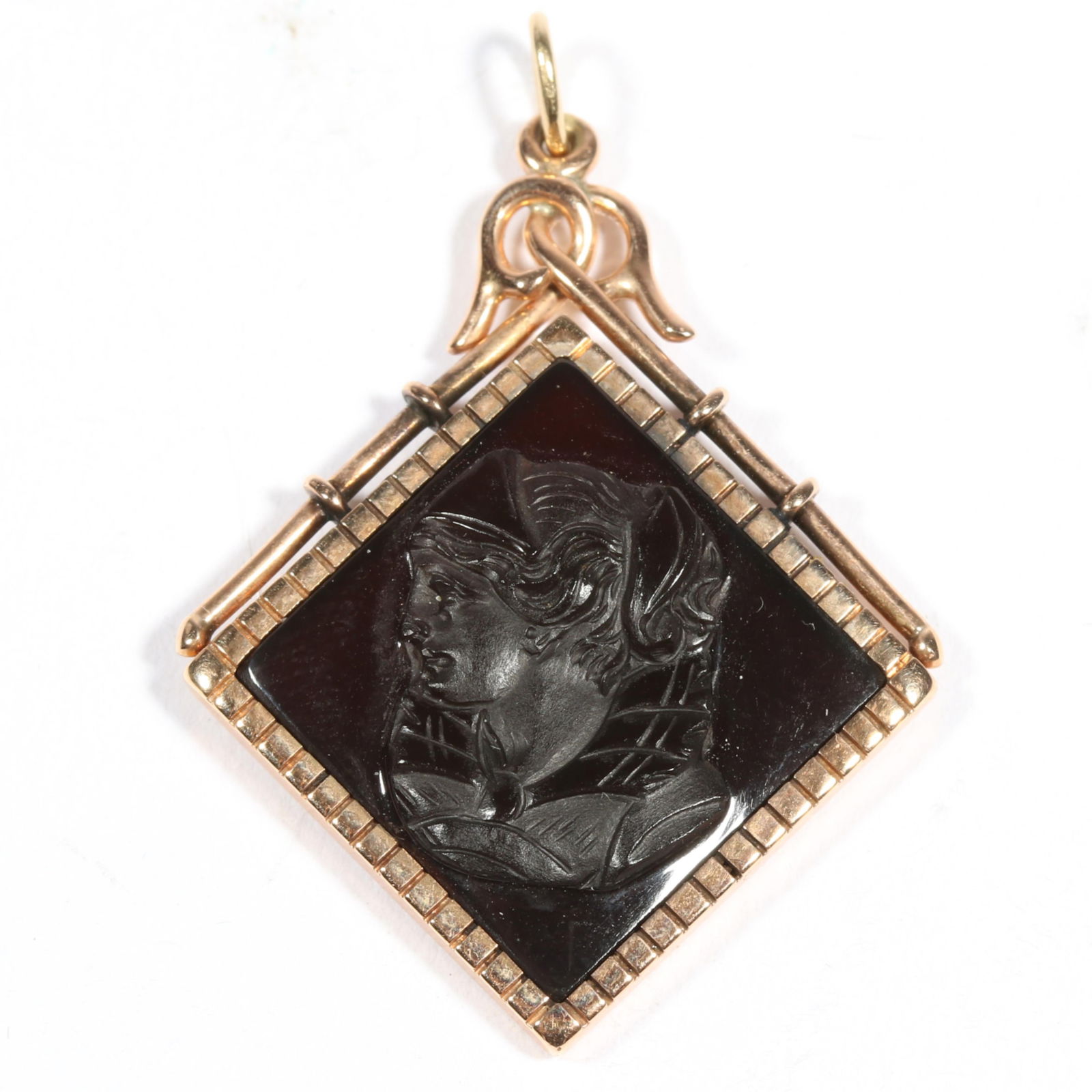 14K unmarked tested Victorian rose gold natural stone carved cameo pendant. 1 3/8"Drop x 1"W (1 of 7)