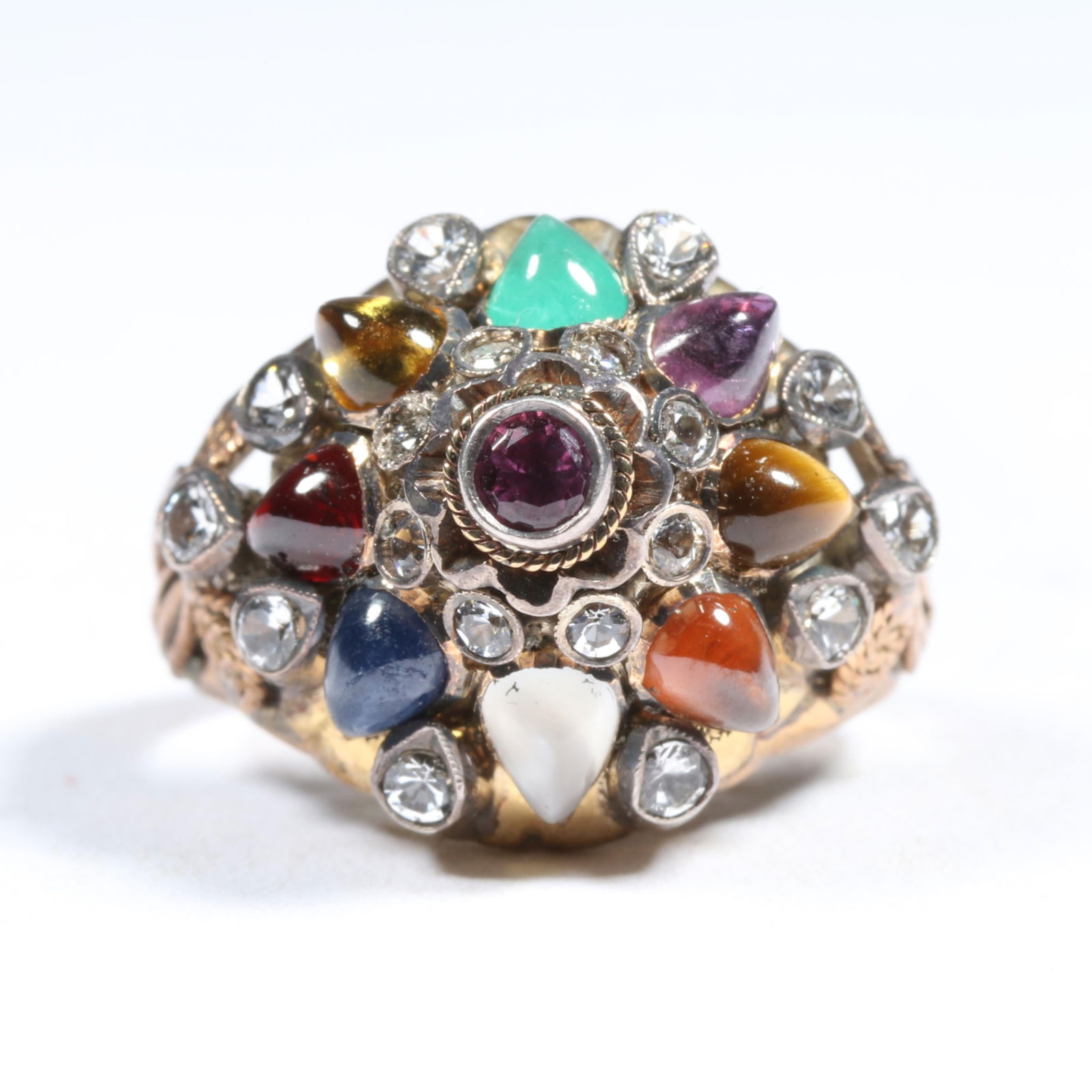10K unmarked tested multi gemstone layered "Thai Princess" ring including diamonds, ruby, emerald, (1 of 10)