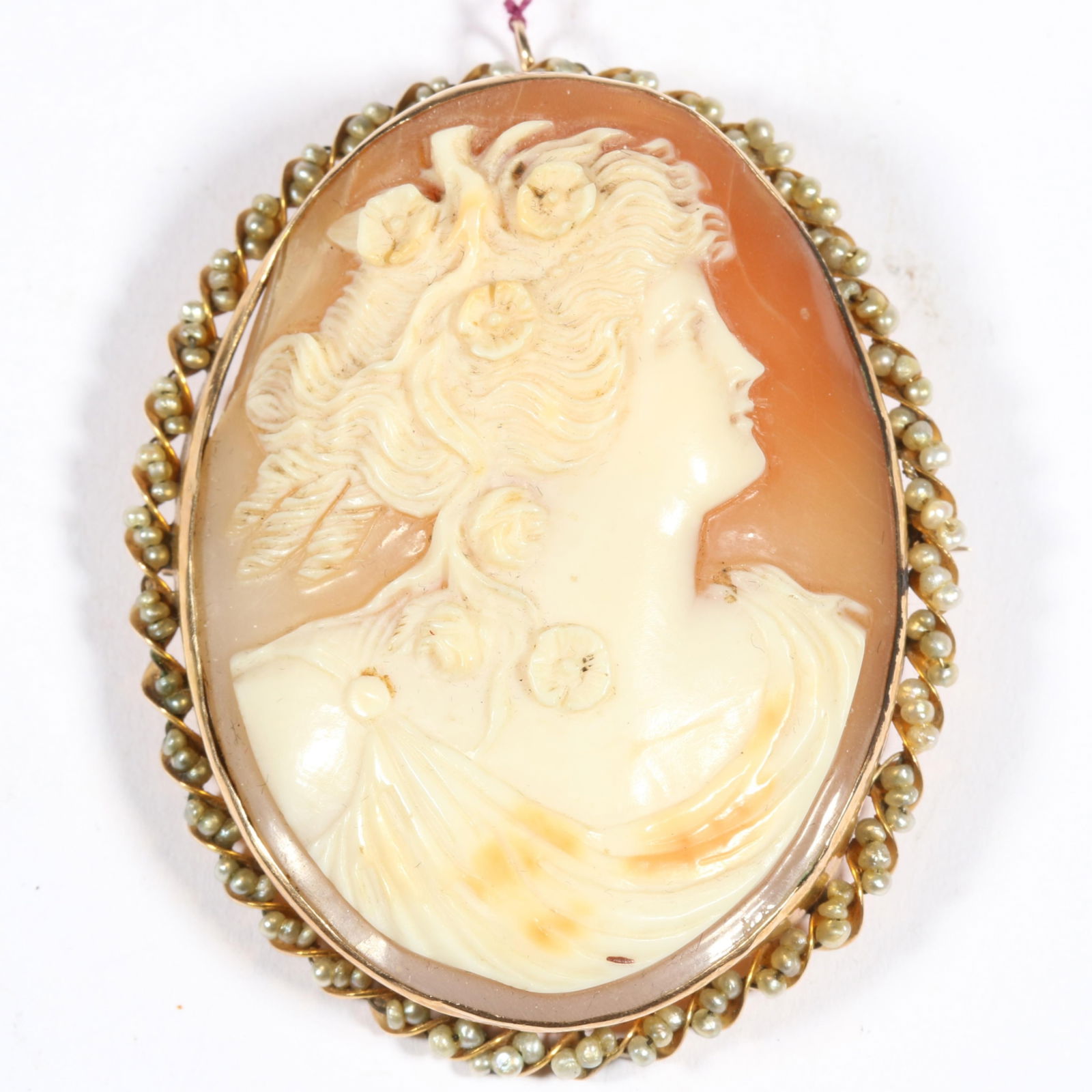 14K yellow gold Victorian shell cameo pendant brooch with seed pearl border. 1 7/8"W x 2 1/4"H (1 of 10)