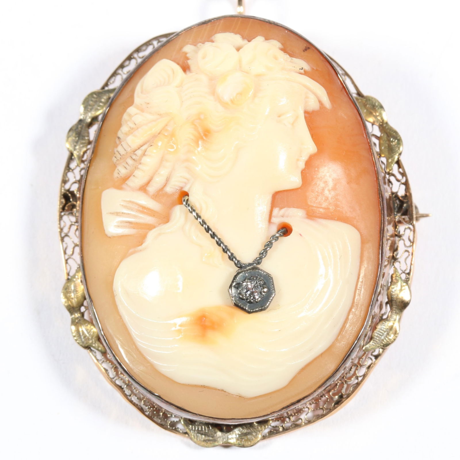 14K yellow and rose gold Victorian Diamond Habill? shell cameo brooch pendant. 1 3/8"W x 2"H (1 of 9)