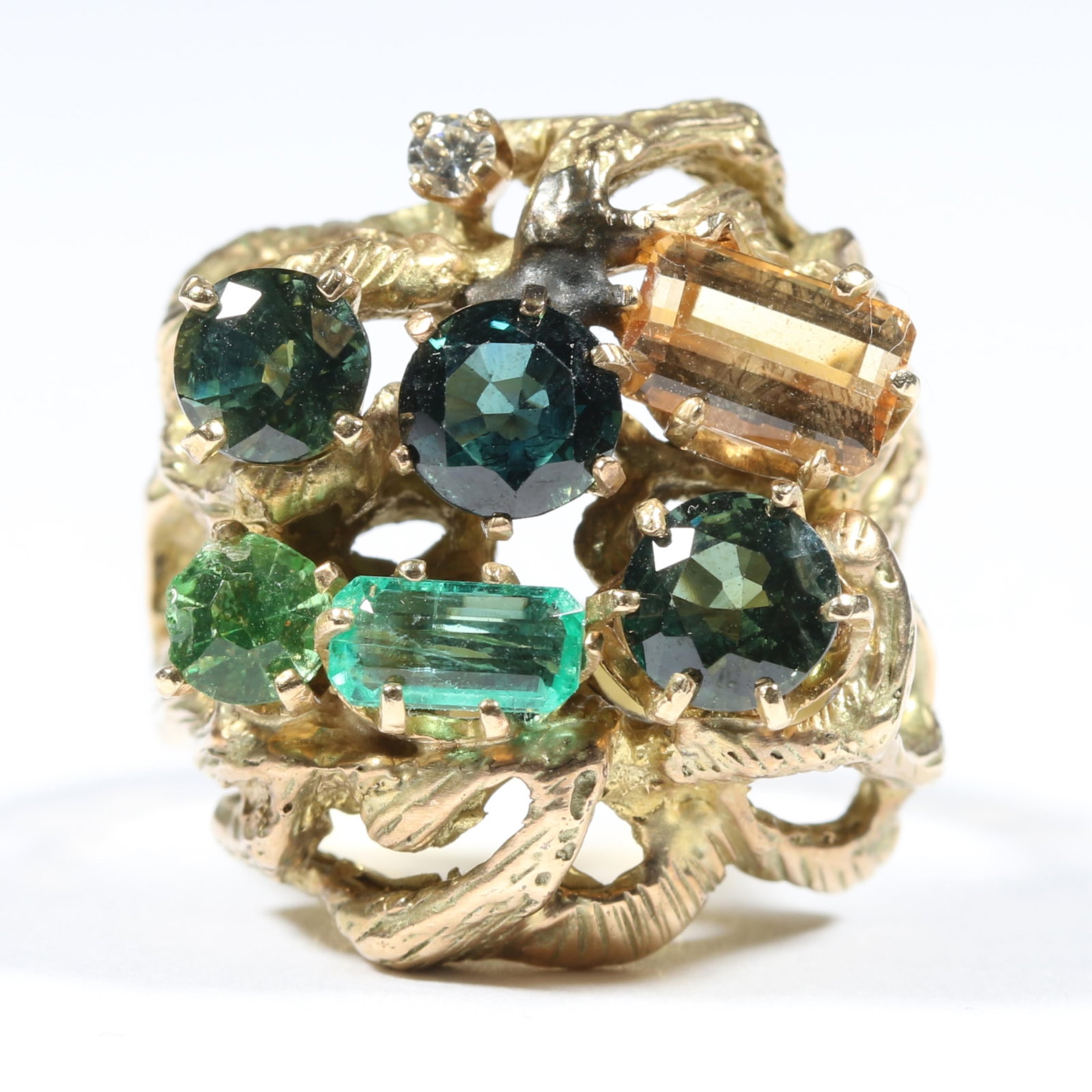 Vintage 14K yellow gold brutalist style gemstone cluster ring including emerald, tourmaline, topaz, (1 of 7)
