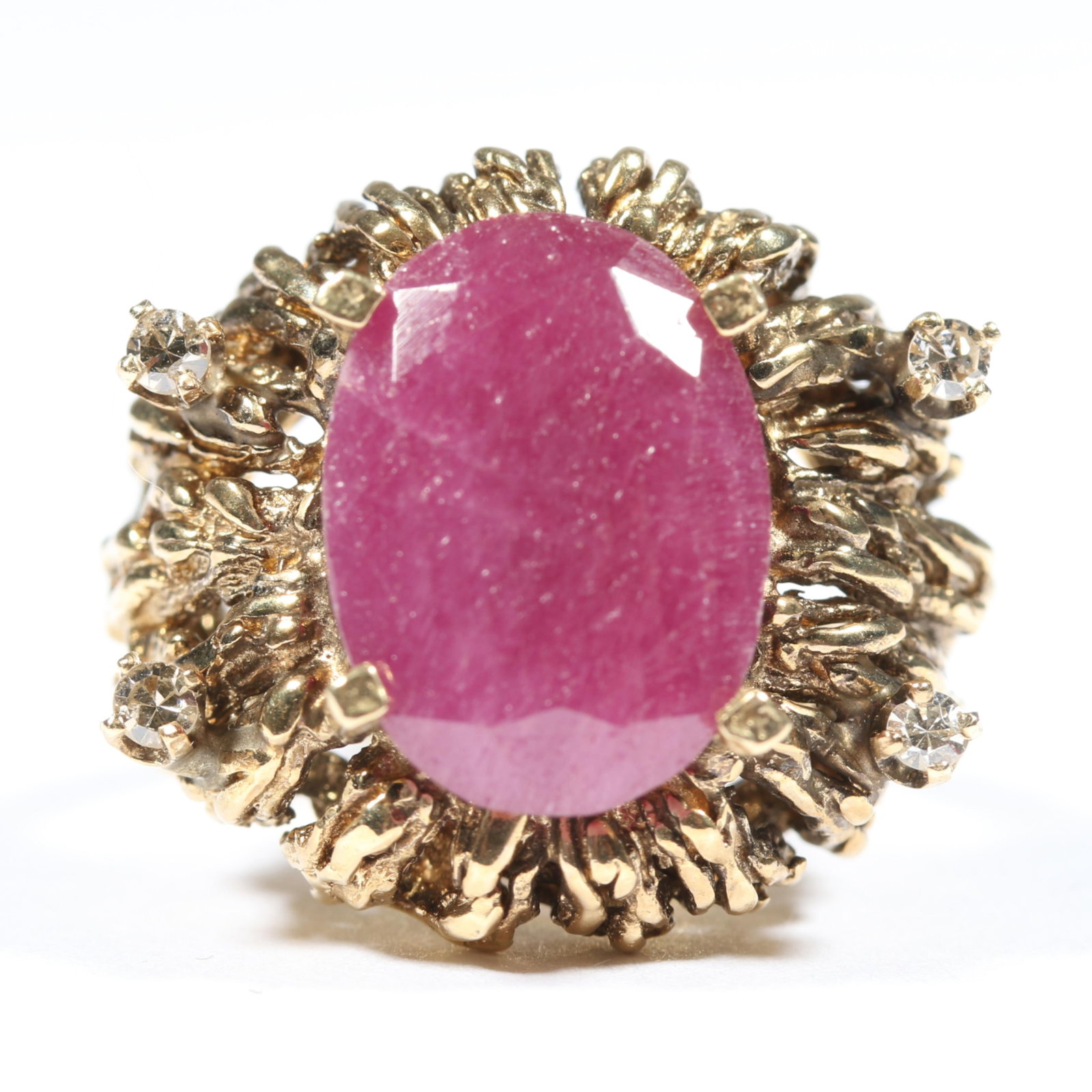 Vintage 14K yellow gold textured dome ring with large ruby center surrounded by 4 diamonds. Ring (1 of 8)