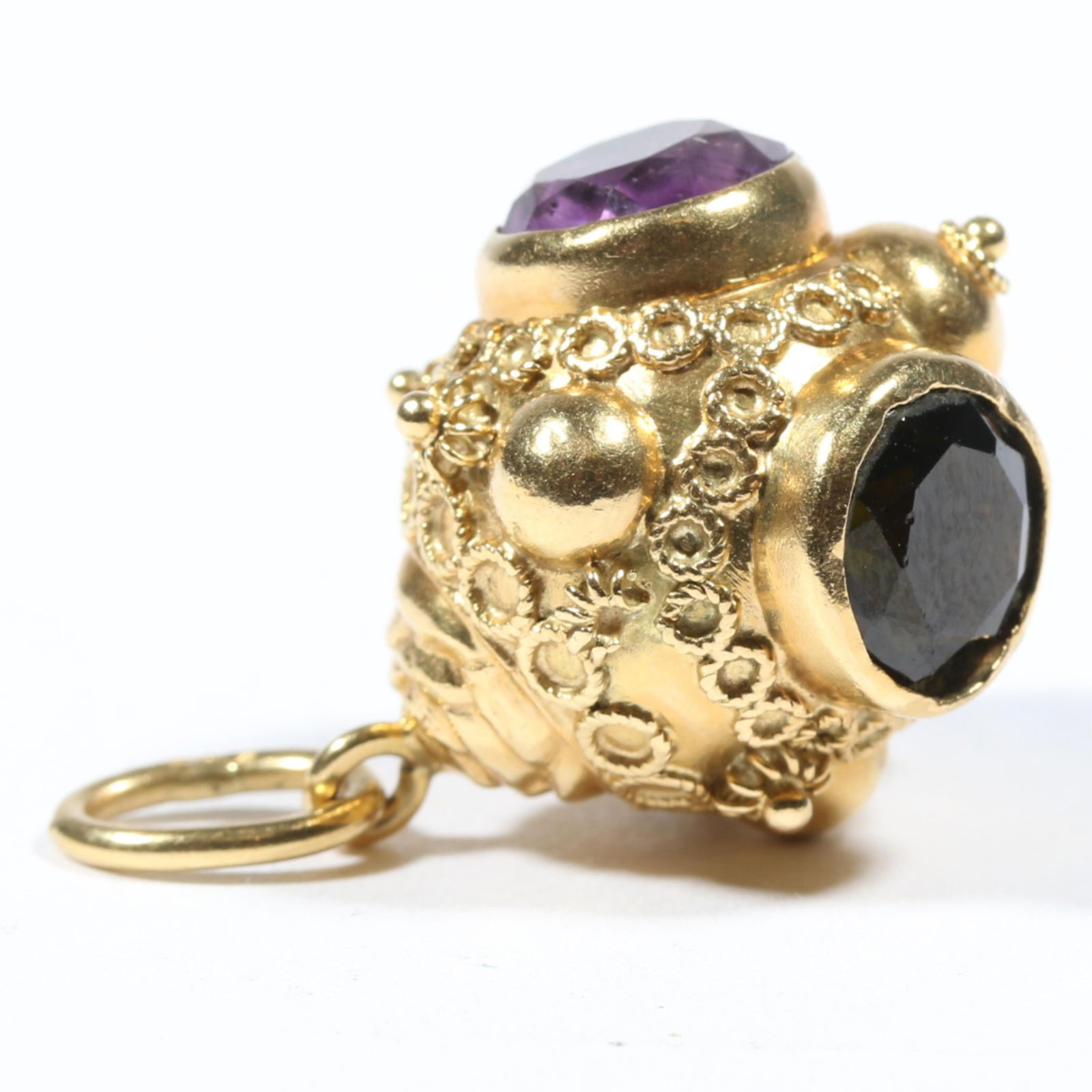 18K gold Etruscan Revival gemstone charm including amethyst, ruby, and onyx. 1 1/4"Drop x 3/4"W (1 of 15)