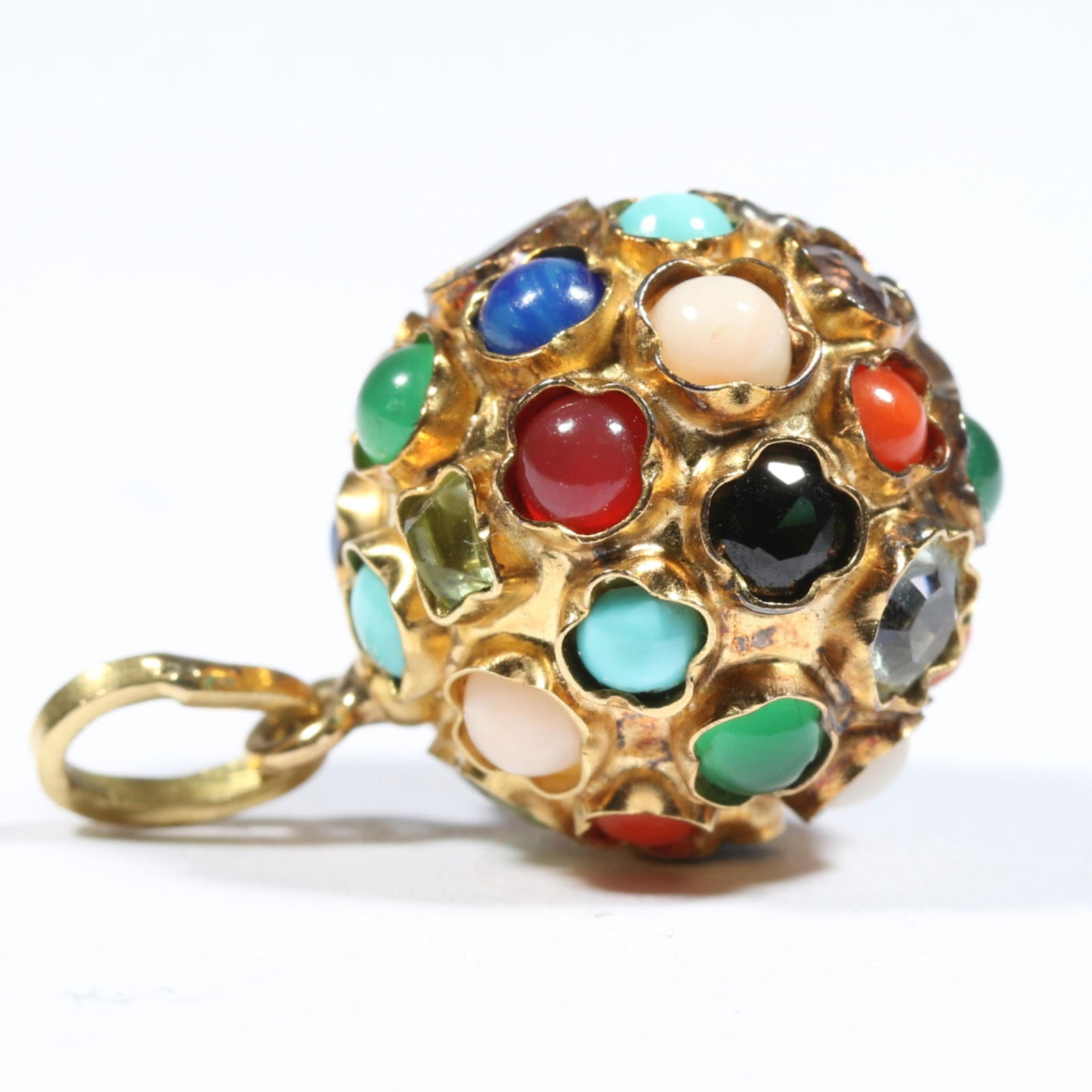 18K yellow gold orb decorated with gemstones and art glass including natural turquoise, carnelian, (1 of 7)