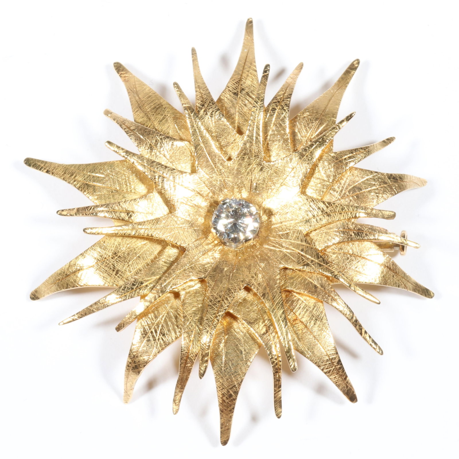18K yellow gold starburst textured layered brooch with .61 carat European cut diamond center, (1 of 11)