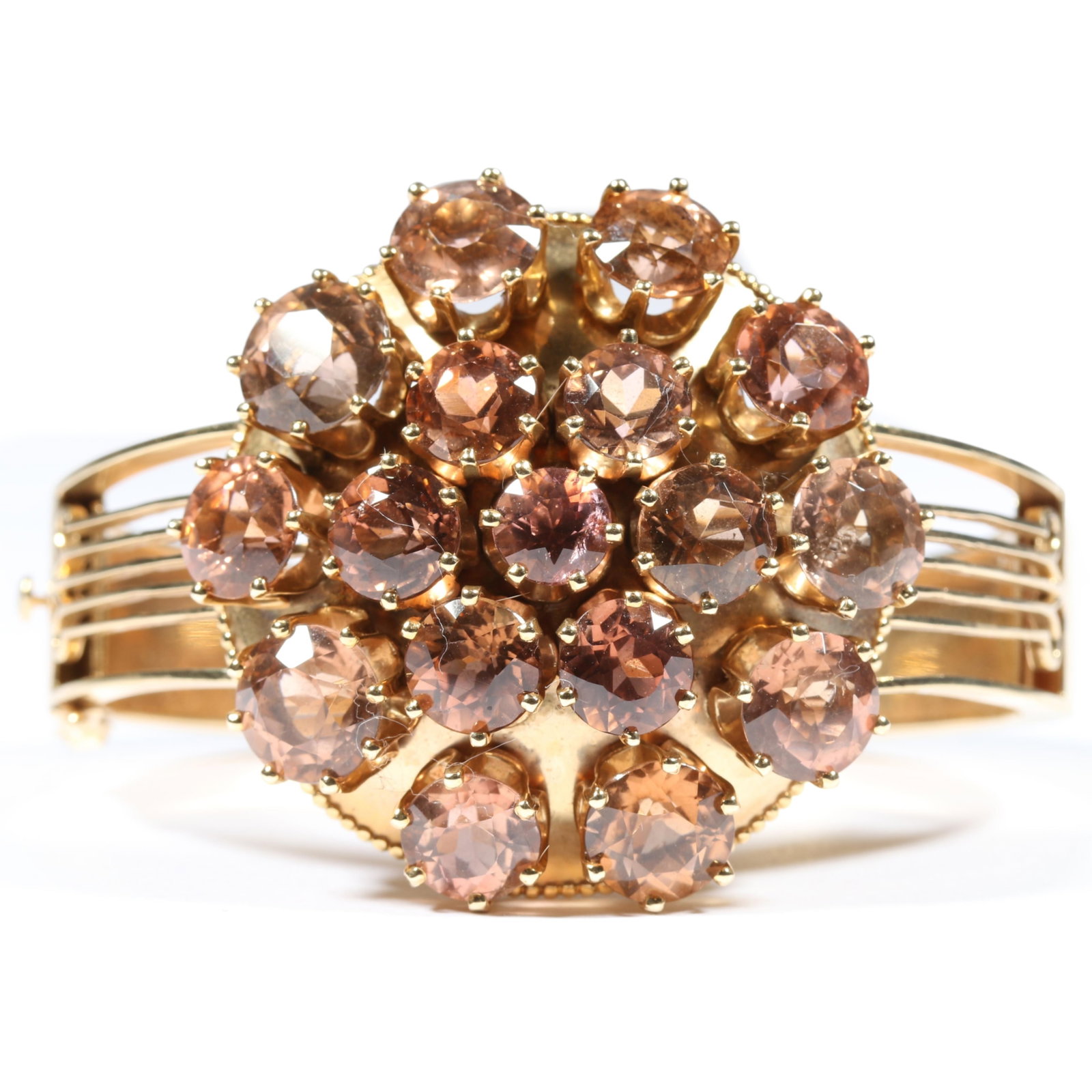 14K yellow gold hand assembled retro hinged bangle bracelet decorated with 17 round mixed cut pink / (1 of 13)