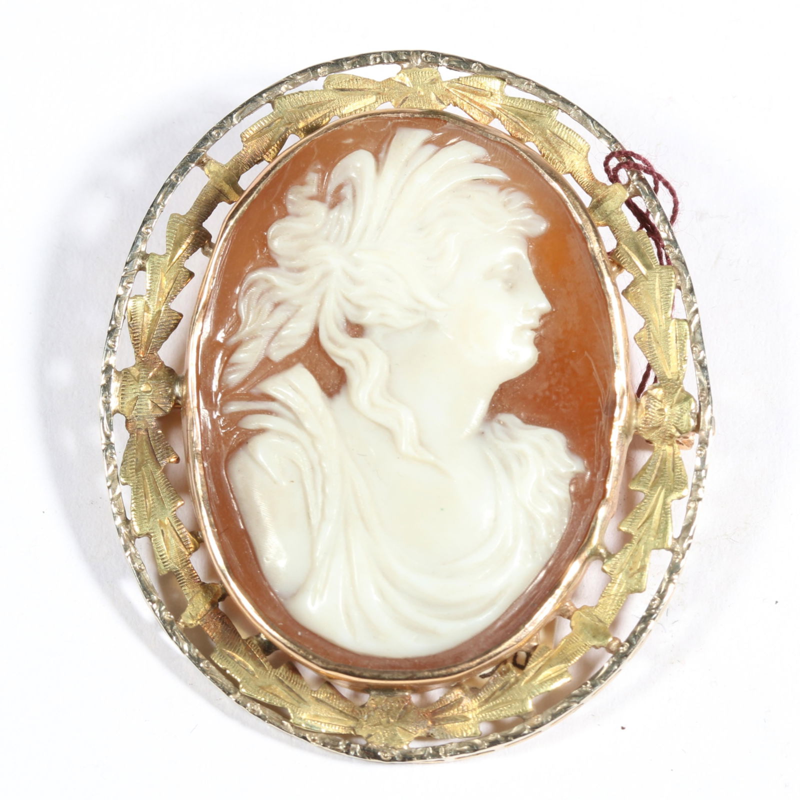 10K yellow and rose gold Victorian shell cameo brooch pendant. 1 1/2"W x 1 3/4"H (1 of 7)