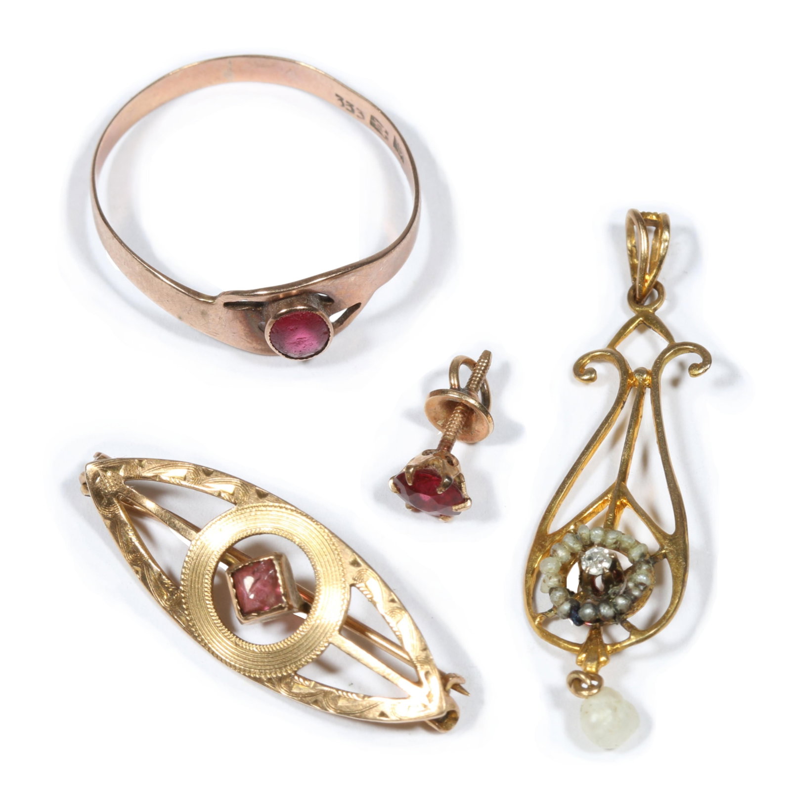 Antique Victorian low karat gold jewelry group including 8K 333 rose gold ring, 10K gold pin and (1 of 20)