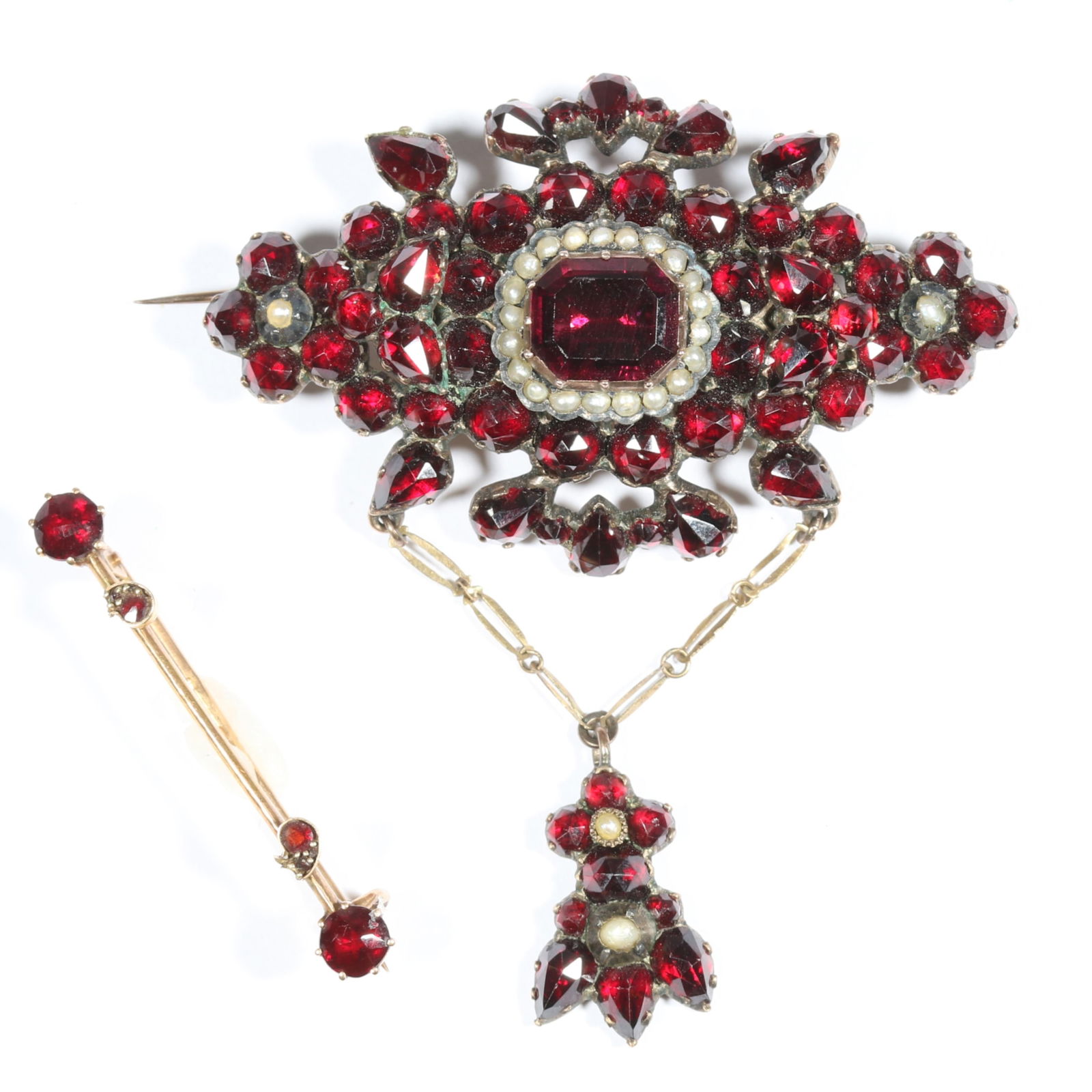 Antique Bohemian garnet low karat 9k or 10k gold drop brooch with seed pearl accents and small 14K (1 of 16)