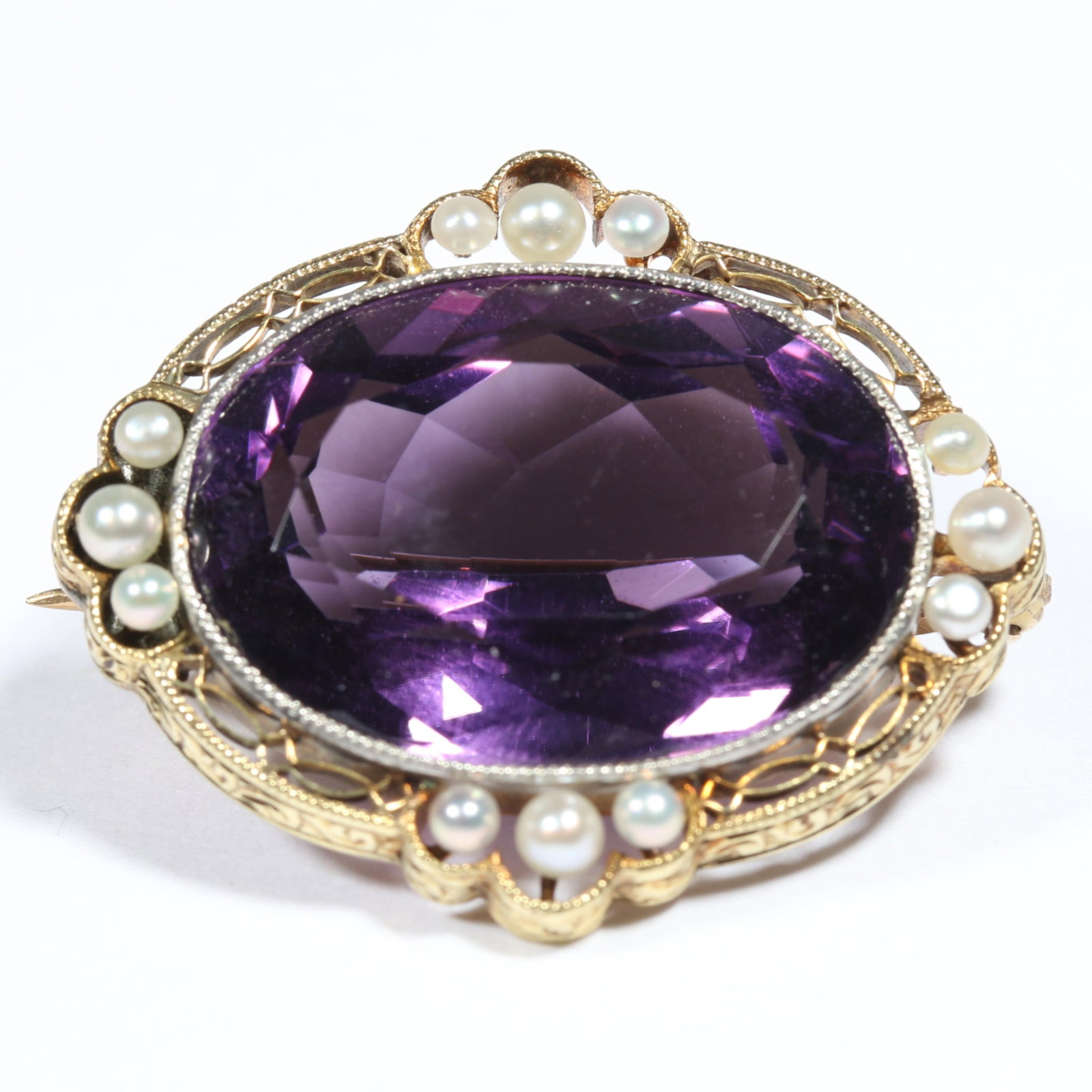 14K yellow gold Victorian amethyst gemstone brooch with seed pearl accents. 1 1/8"L x 1"W (1 of 11)
