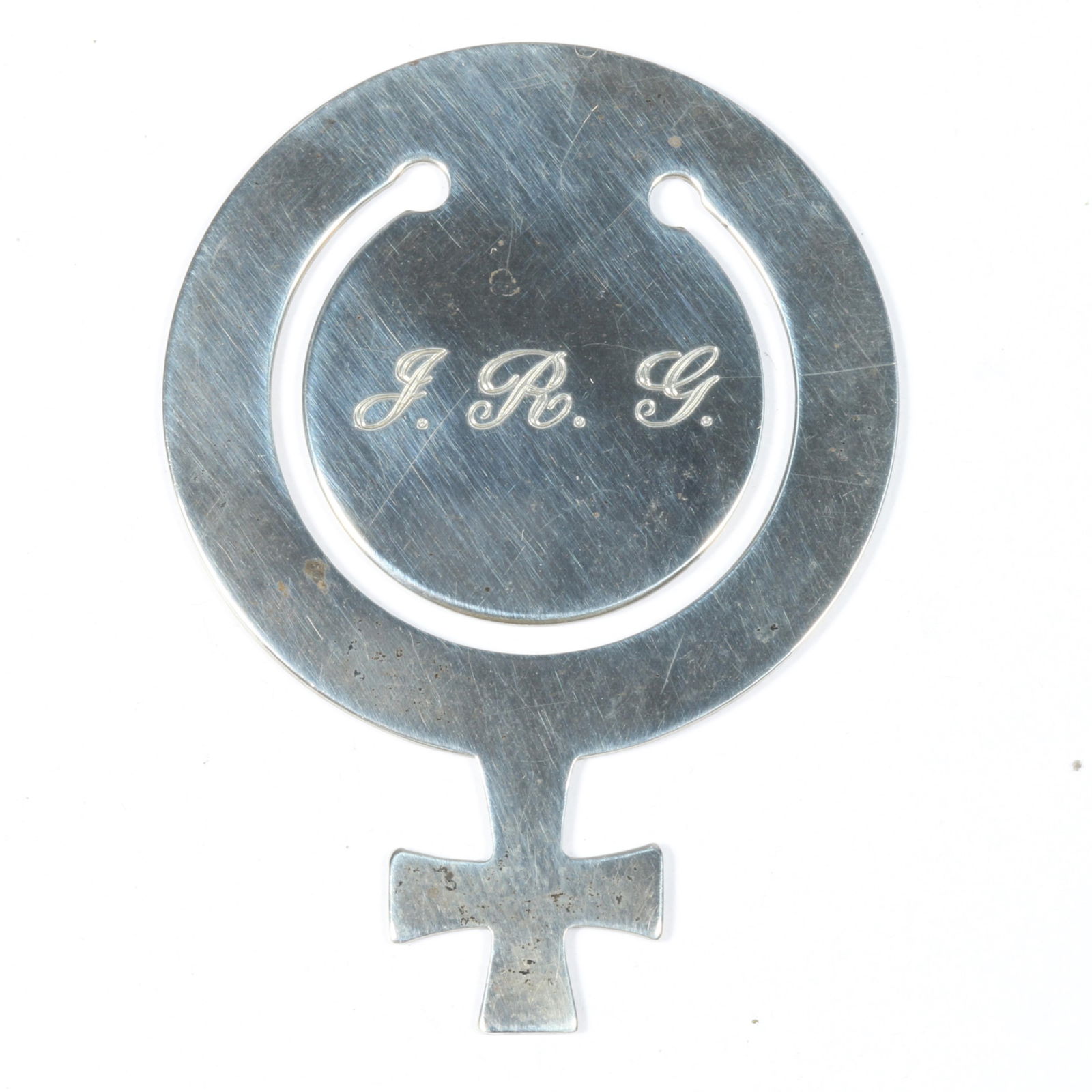 Tiffany & Co. vintage sterling silver "Venus" female symbol bookmark. 2"H x 1 1/2"W: Tiffany & Co. vintage sterling silver "Venus" female symbol bookmark. Engraved with initials "J.R.G." 2"H x 1 1/2"W