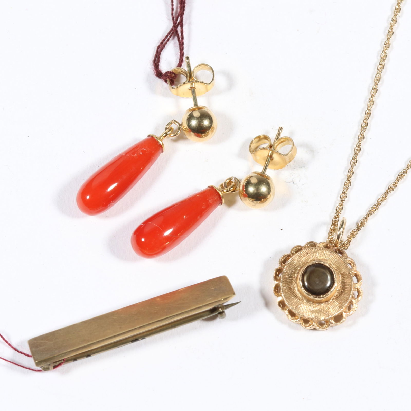 14K yellow gold coral post earrings, unmarked 14K black sapphire pendant on gold filled chain, and (1 of 11)