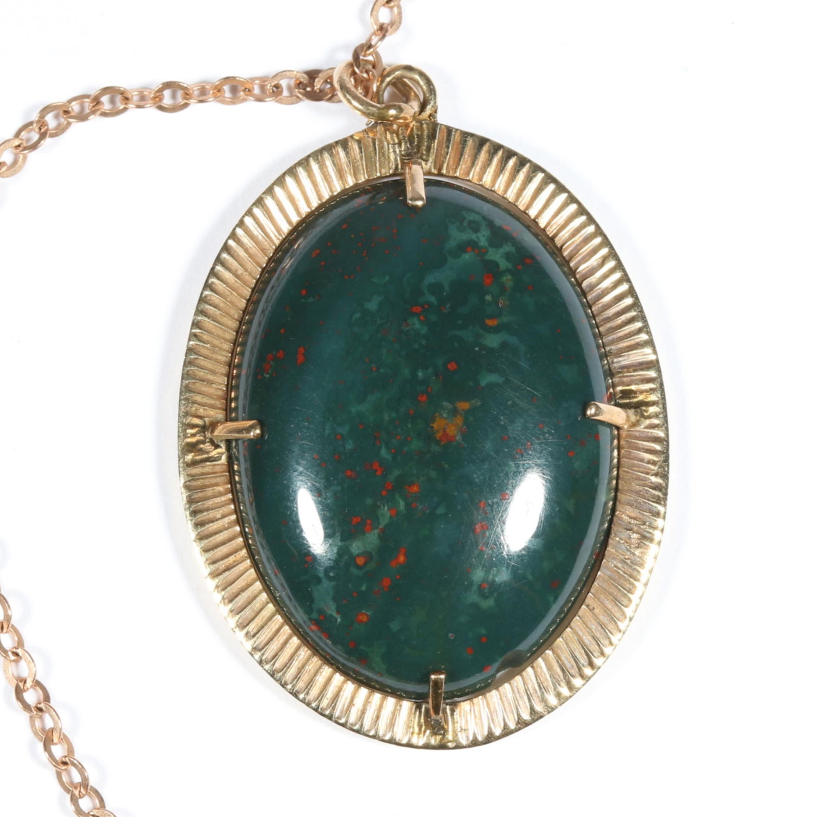 14K yellow gold framed bloodstone pendant on gold filled chain. 18 1/4"L x 1 5/8"Drop (1 of 8)
