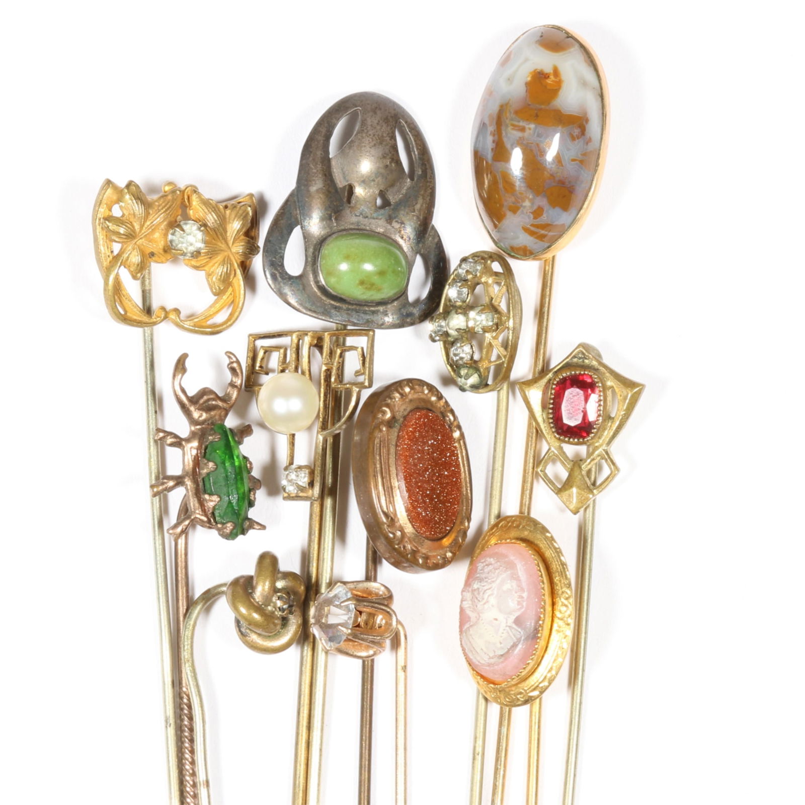 Antique stick pin group including Arts & Crafts sterling agate pin, Art Nouveau pins, beetle bug (1 of 10)