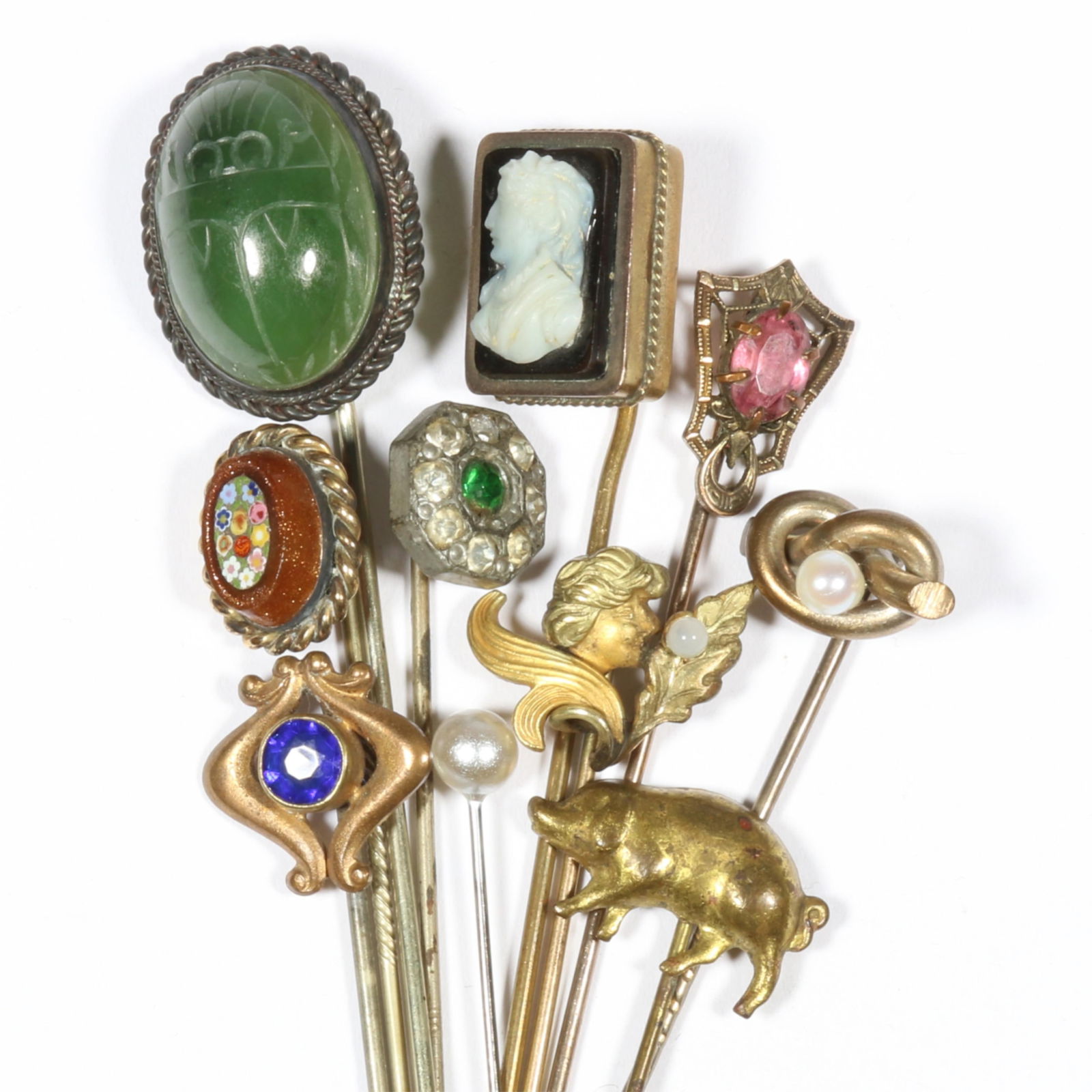 Antique stick pin group including large natural stone scarab, pig pin, Art Nouveau lady, Victorian (1 of 9)