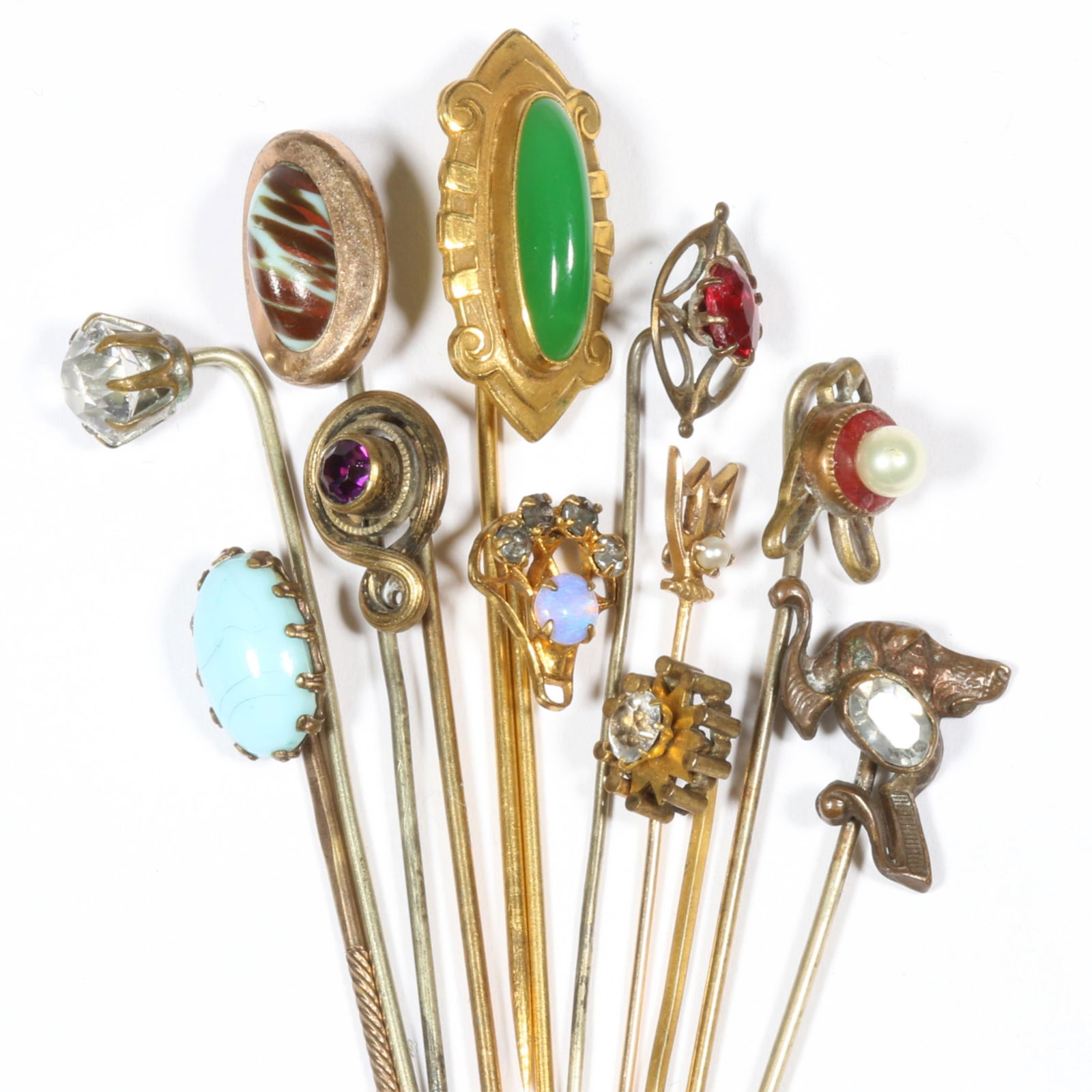 Antique stick pin group including 10K unmarked tested small seed pearl pin, Art Nouveau dog pin, art (1 of 10)