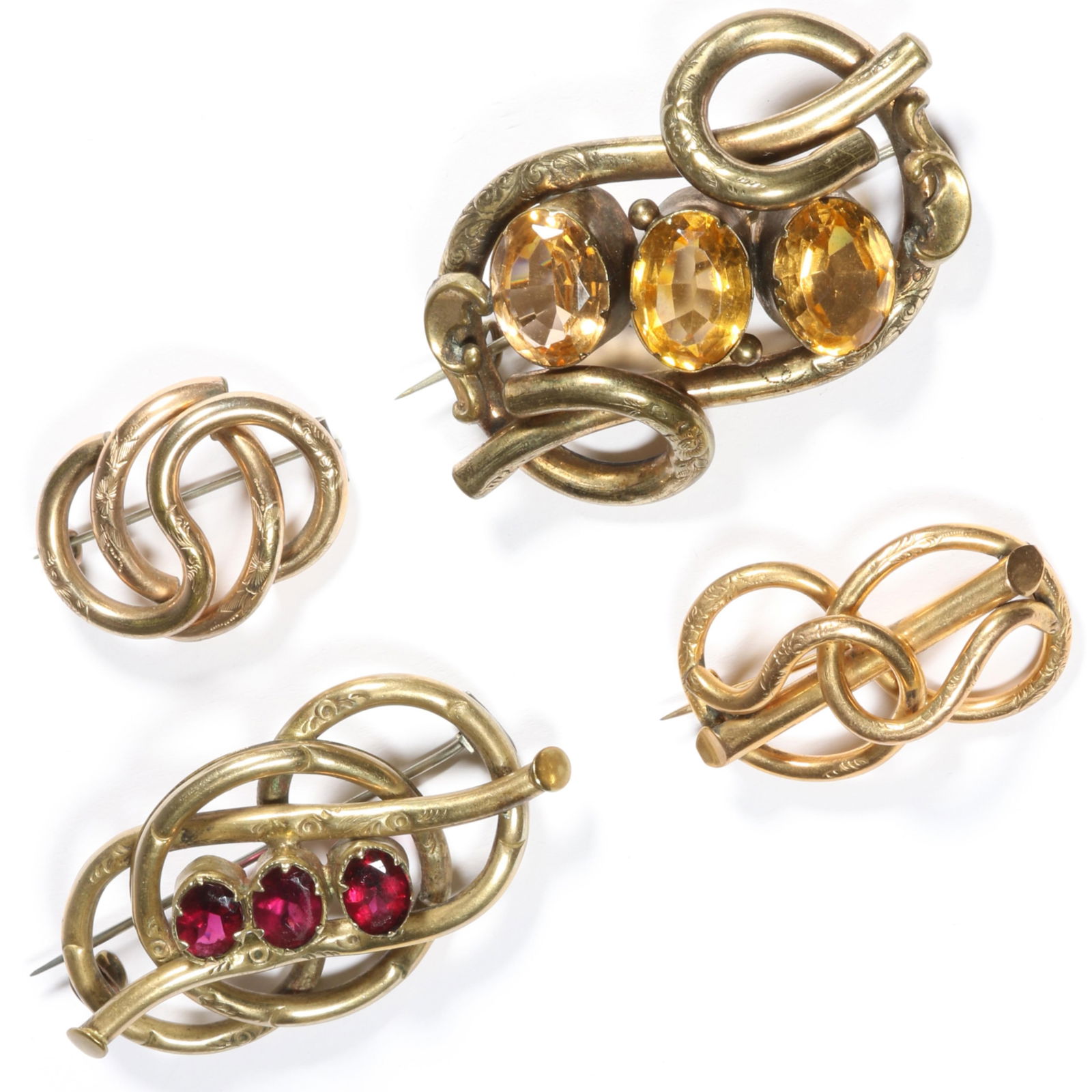 Victorian 4pc. gold filled love knot group with pair of jeweled brooches. 2 3/4"L x 1 1/2"W (1 of 16)