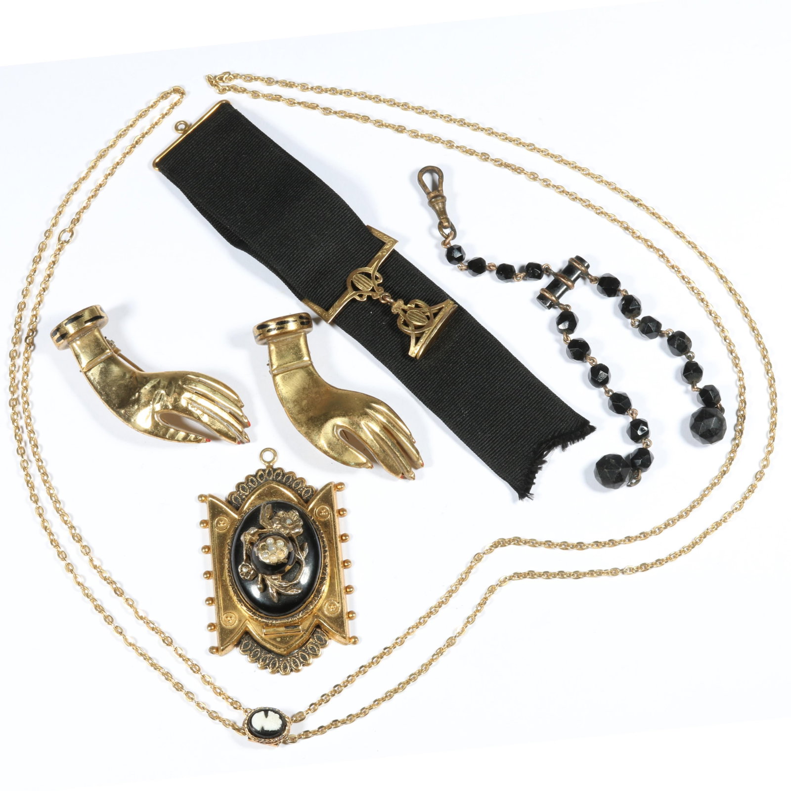 Victorian and Victorian Revival jewelry group including Jet? faceted fob chain, Fob seal on ribbon, (1 of 19)