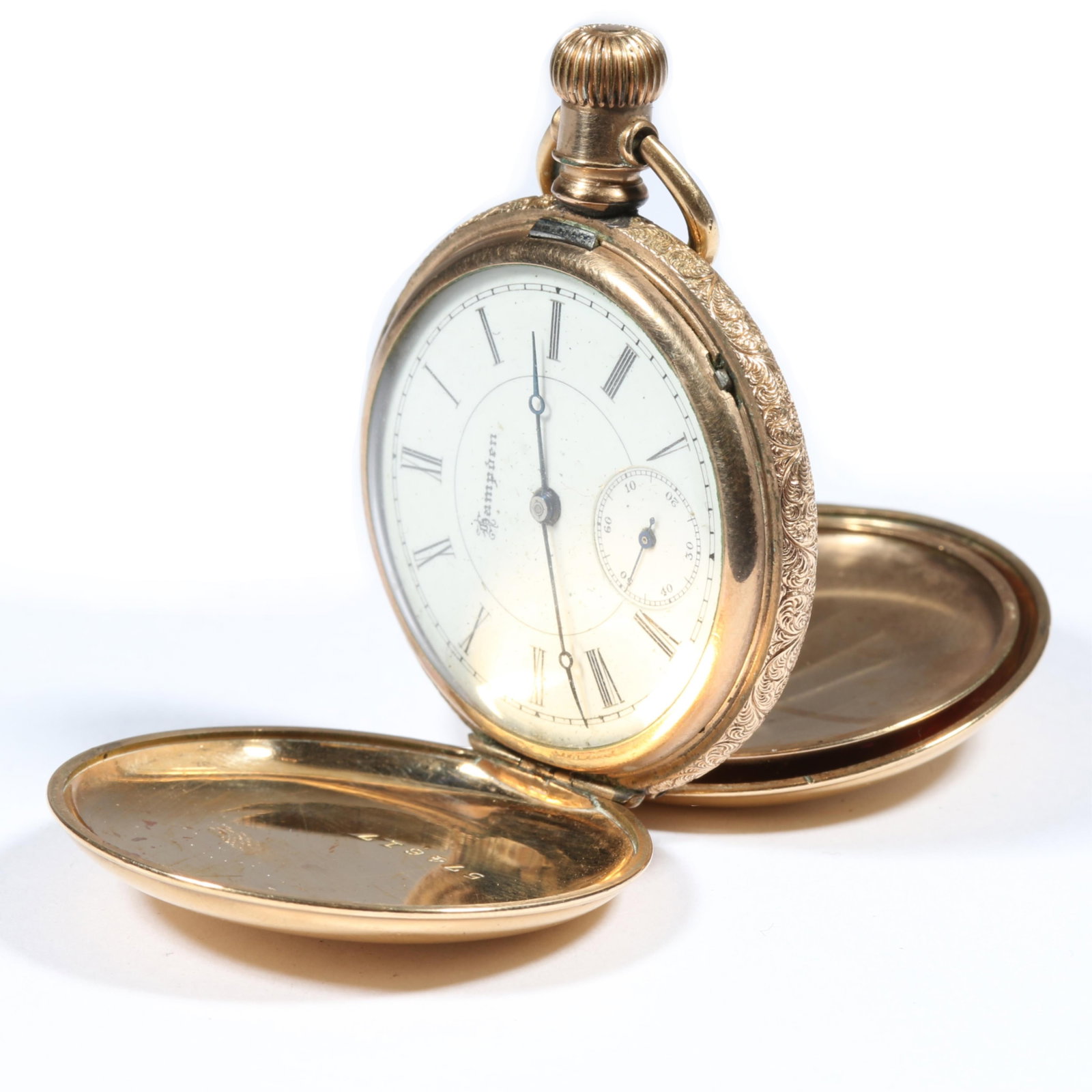 14K yellow gold filled engraved Hampden Watch Co. pocket watch with ruby, sapphire, and diamond (1 of 12)