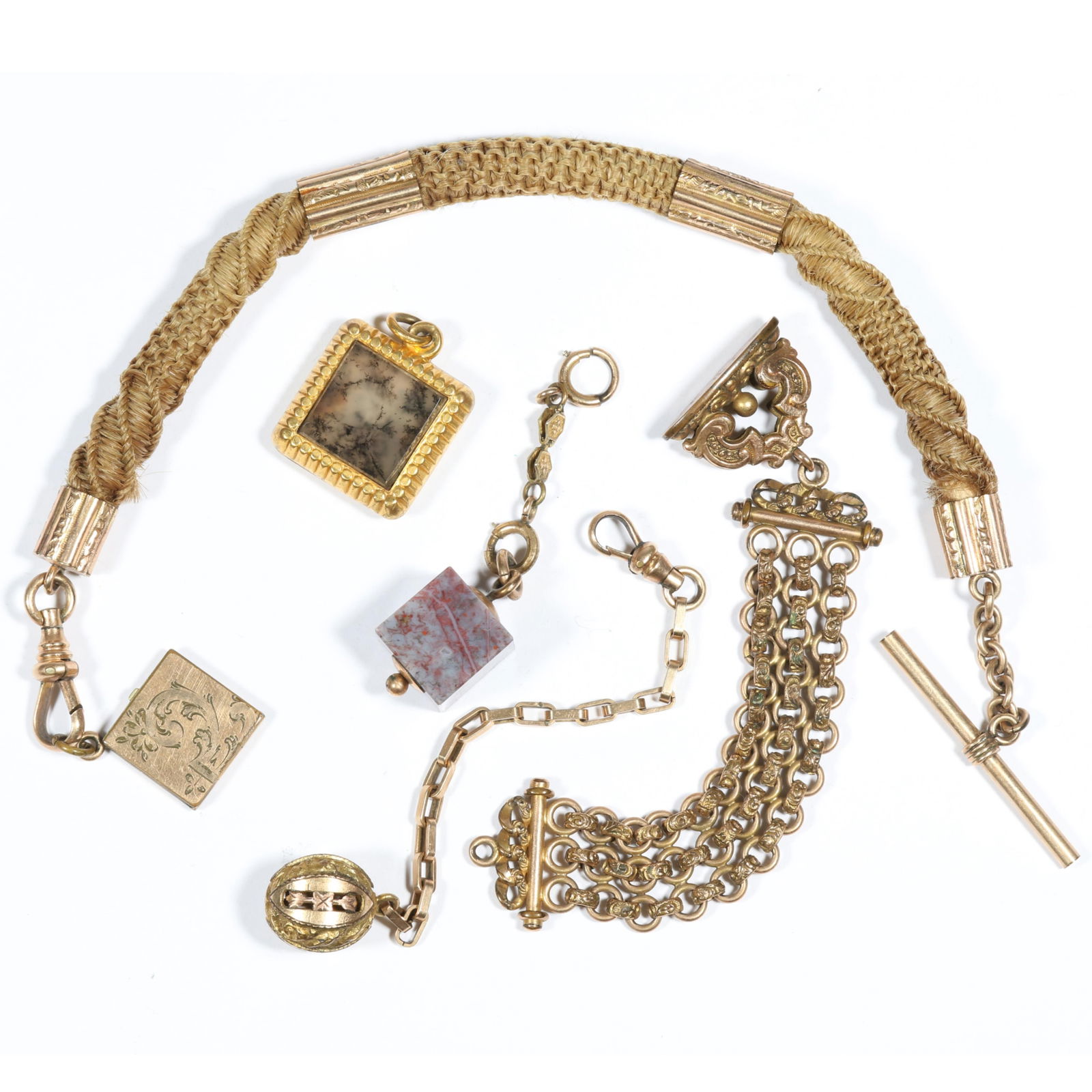 Antique Victorian jewelry group including intricate blonde / ginger braided hair fob chain with (1 of 20)