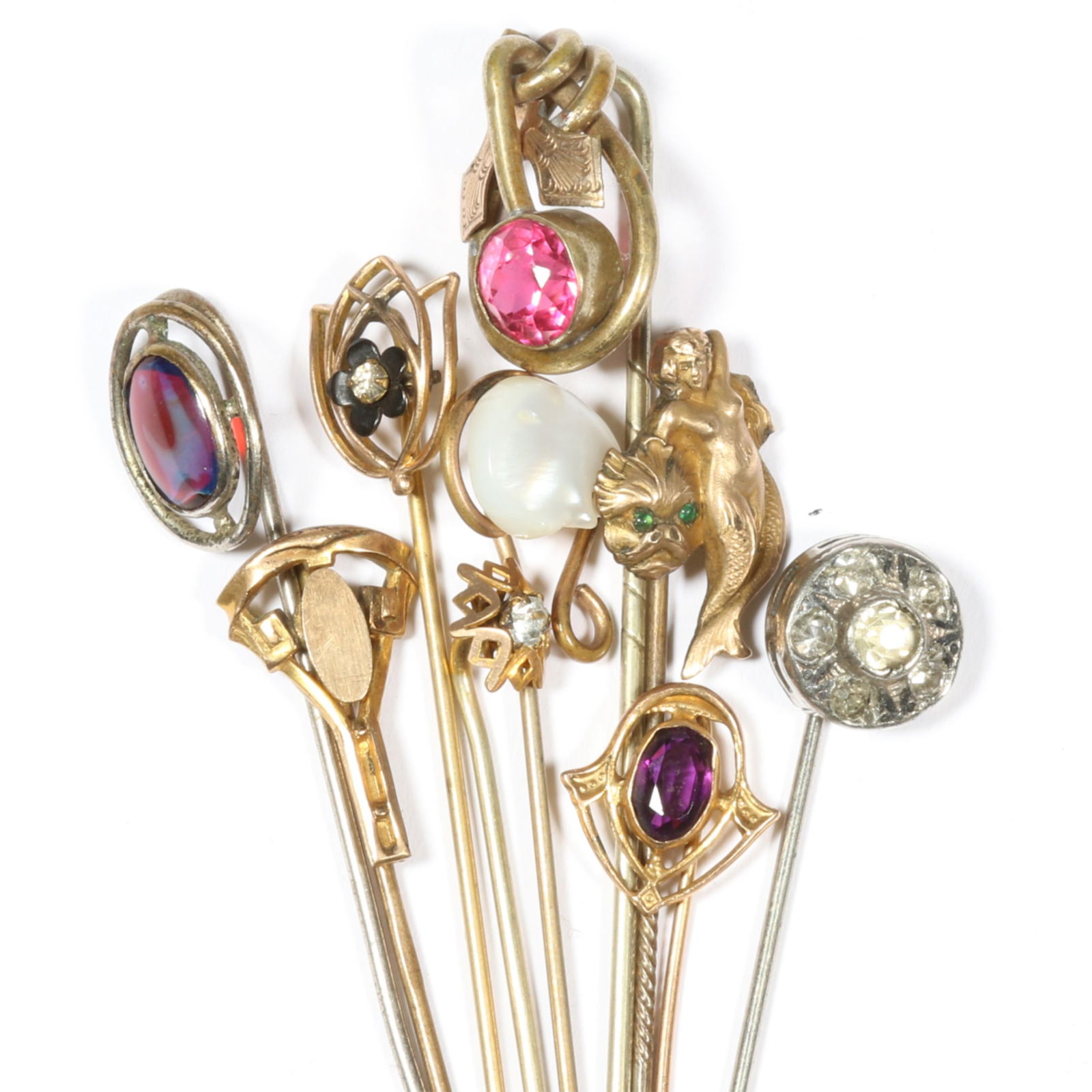 Antique stick pin group including mermaid with green jewel eye dolphin, gold filled pins, Victorian, (1 of 11)