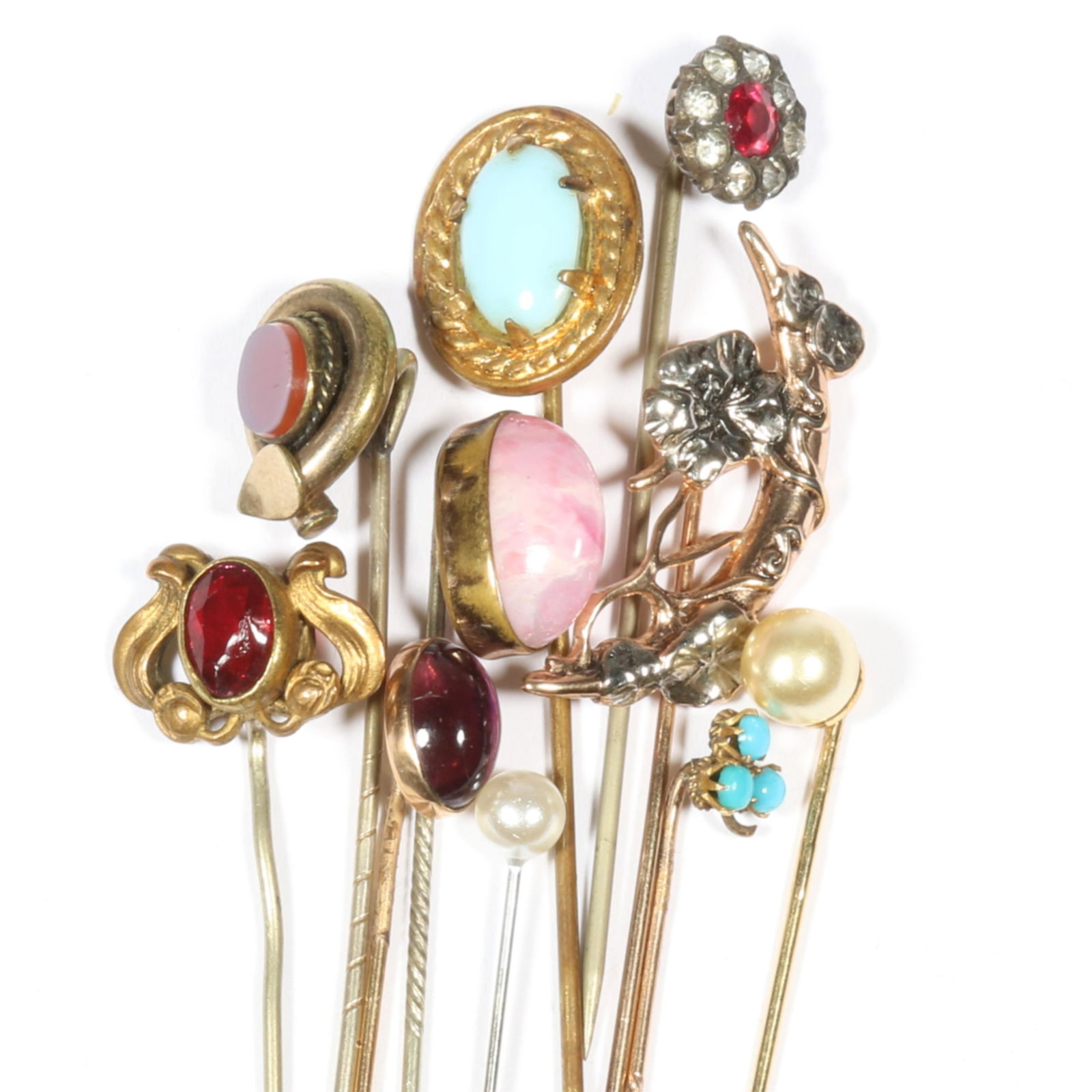 Antique stick pin group including turquoise clover, faux pearls, art glass agate, jewels, Victorian,: Antique stick pin group including turquoise clover, faux pearls, art glass agate, jewels, Victorian, Art Nouveau and more. One marked Napier, one gem chipped. Provenance: From the collection of Sue Ru