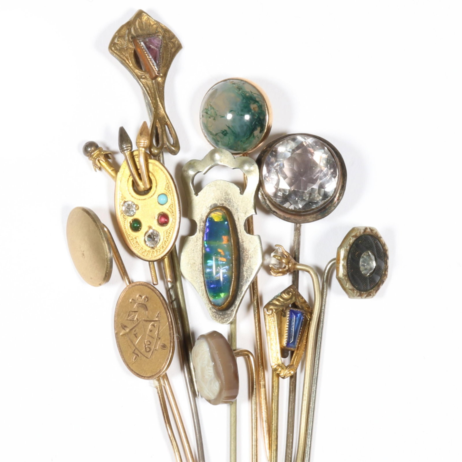 Antique stick pin group including artist pallet with diamonds and semi precious gemstone "paints", (1 of 11)