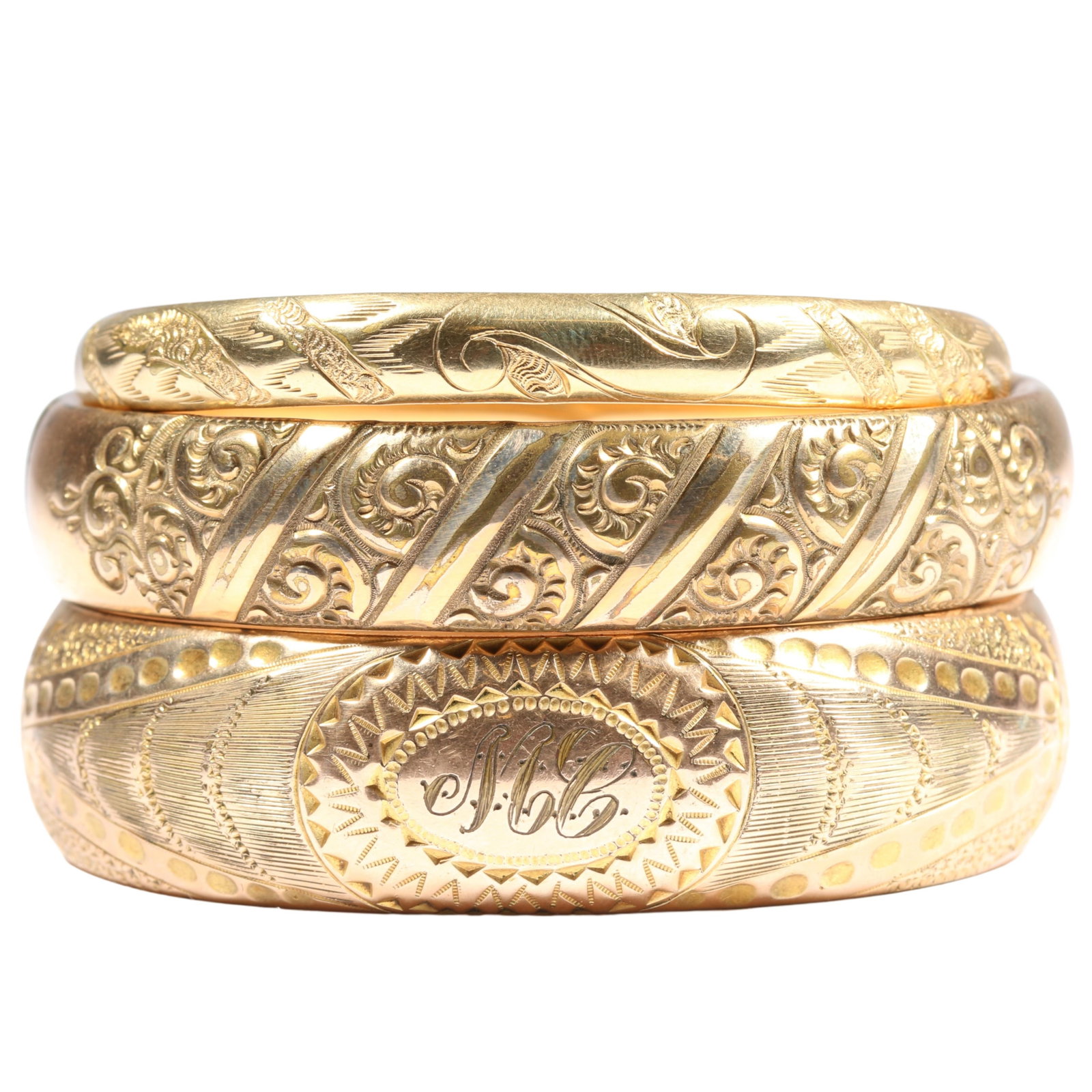 Antique Victorian 3pc gold filled engraved bangle bracelet stack. 2 inner Diameter x 3/8"H (smallest (1 of 20)