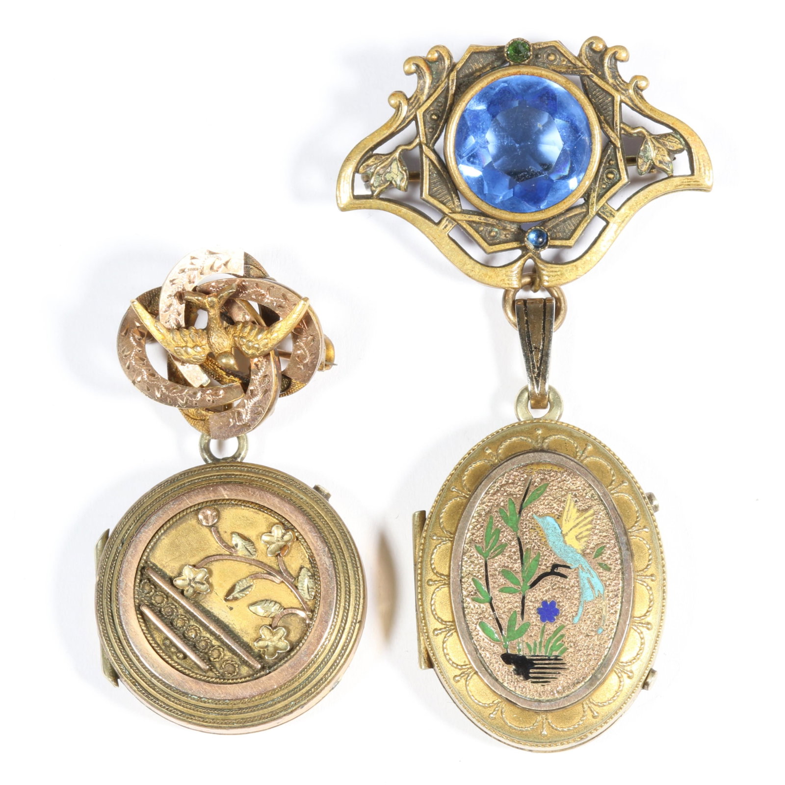 Pair of antique Victorian brooch fob lockets with bird motif and jewels. 3"L x 1 5/8"W (blue brooch) (1 of 13)