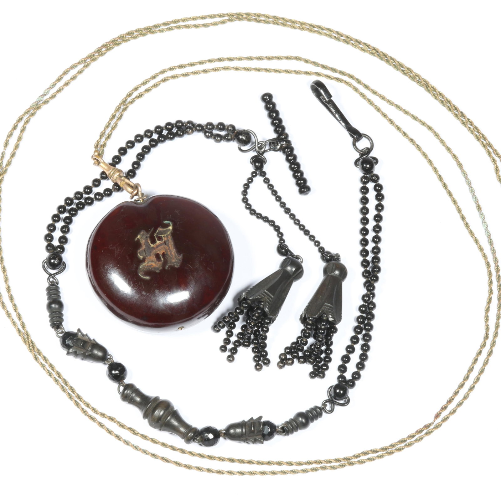 Antique Victorian enameled metal, jet, and ebony beaded tassel fob chain with monogrammed "H" (1 of 8)