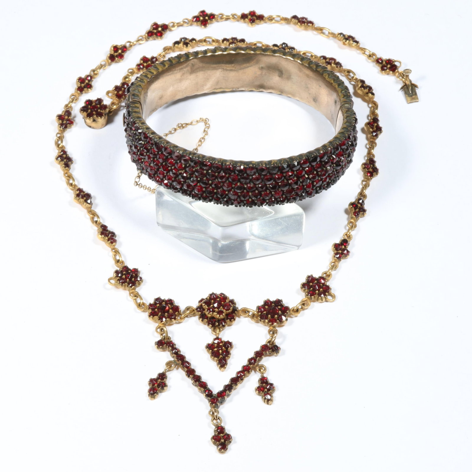 Antique Bohemian Garnet gold filled bracelet with dainty gold filled garnet necklace. 5/8"H x 2 (1 of 13)