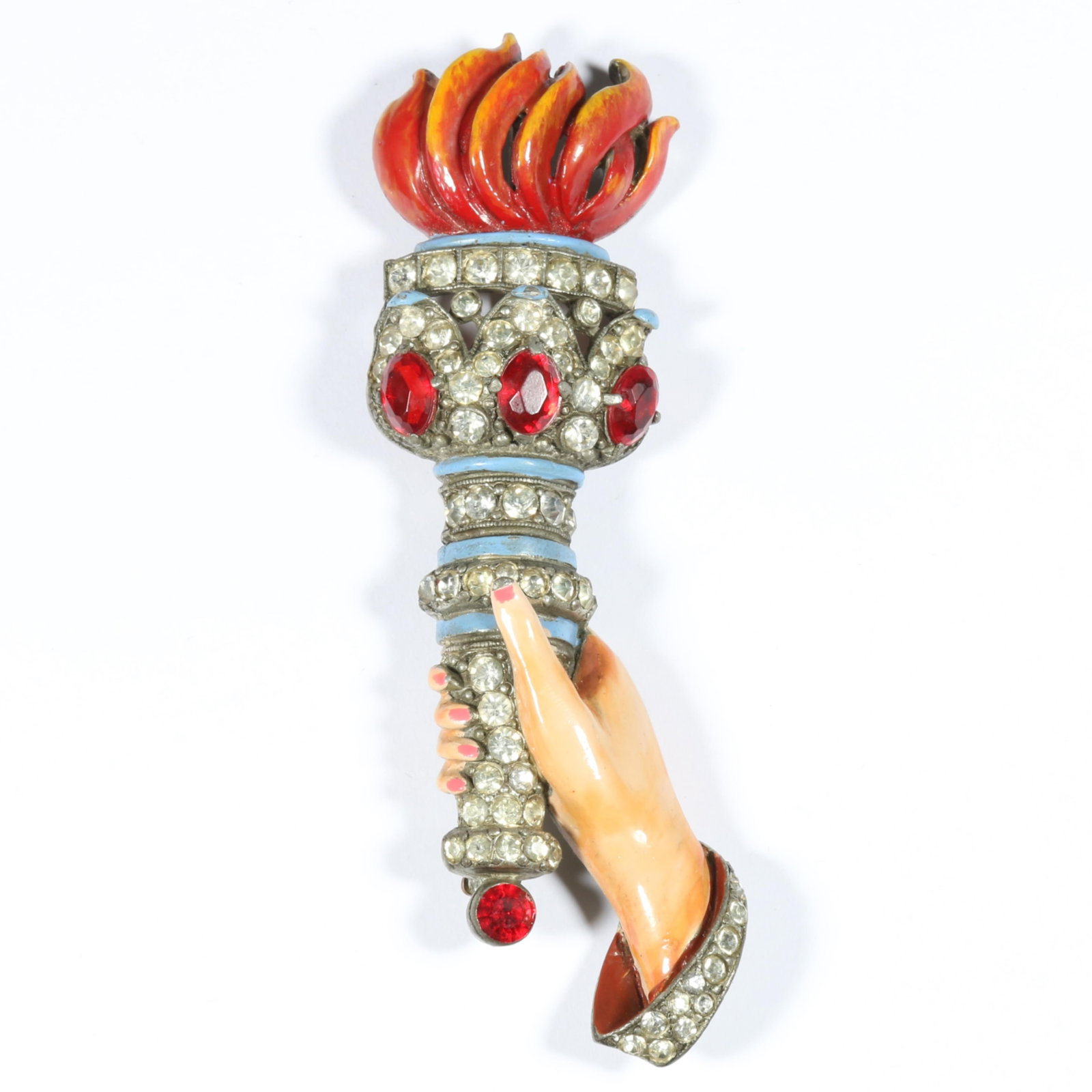 Staret Retro 1942 iconic "Liberty Torch" hand painted enamel and pave rhinestone figural brooch with (1 of 8)