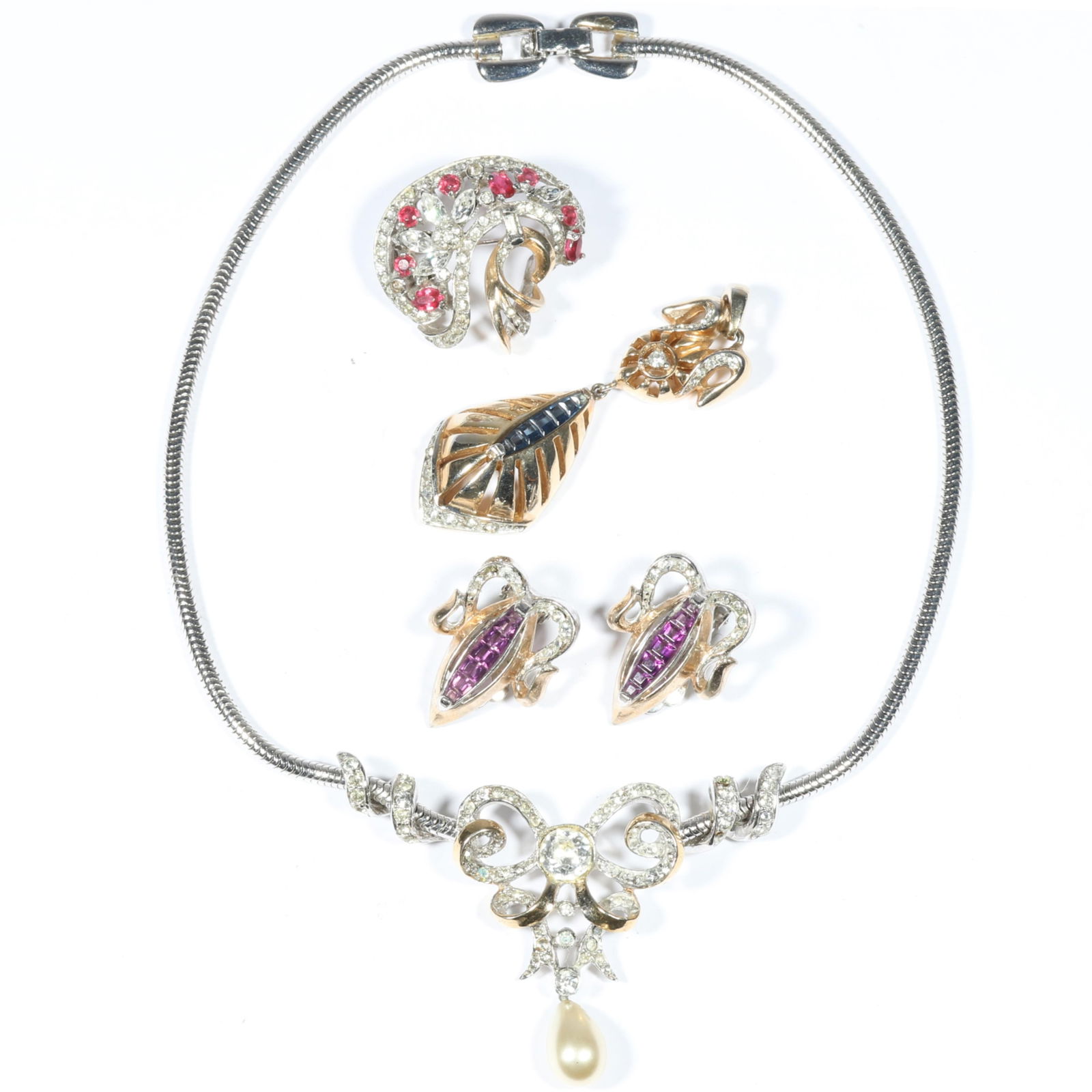 Reja Retro jewelry group including bow rhinestone faux pearl drop necklace, rhinestone brooch, (1 of 20)