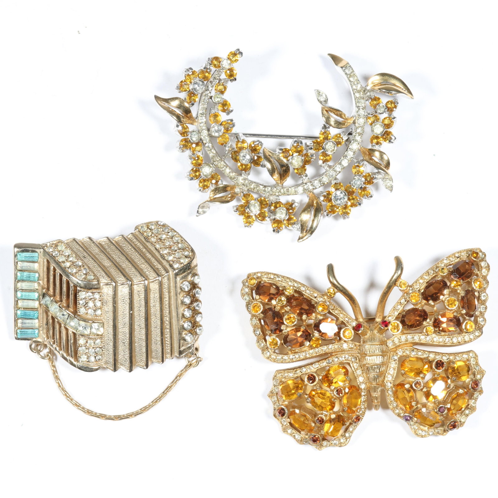 Retro rhinestone crystal jewelry group including accordion brooch, butterfly brooch, and floral (1 of 18)