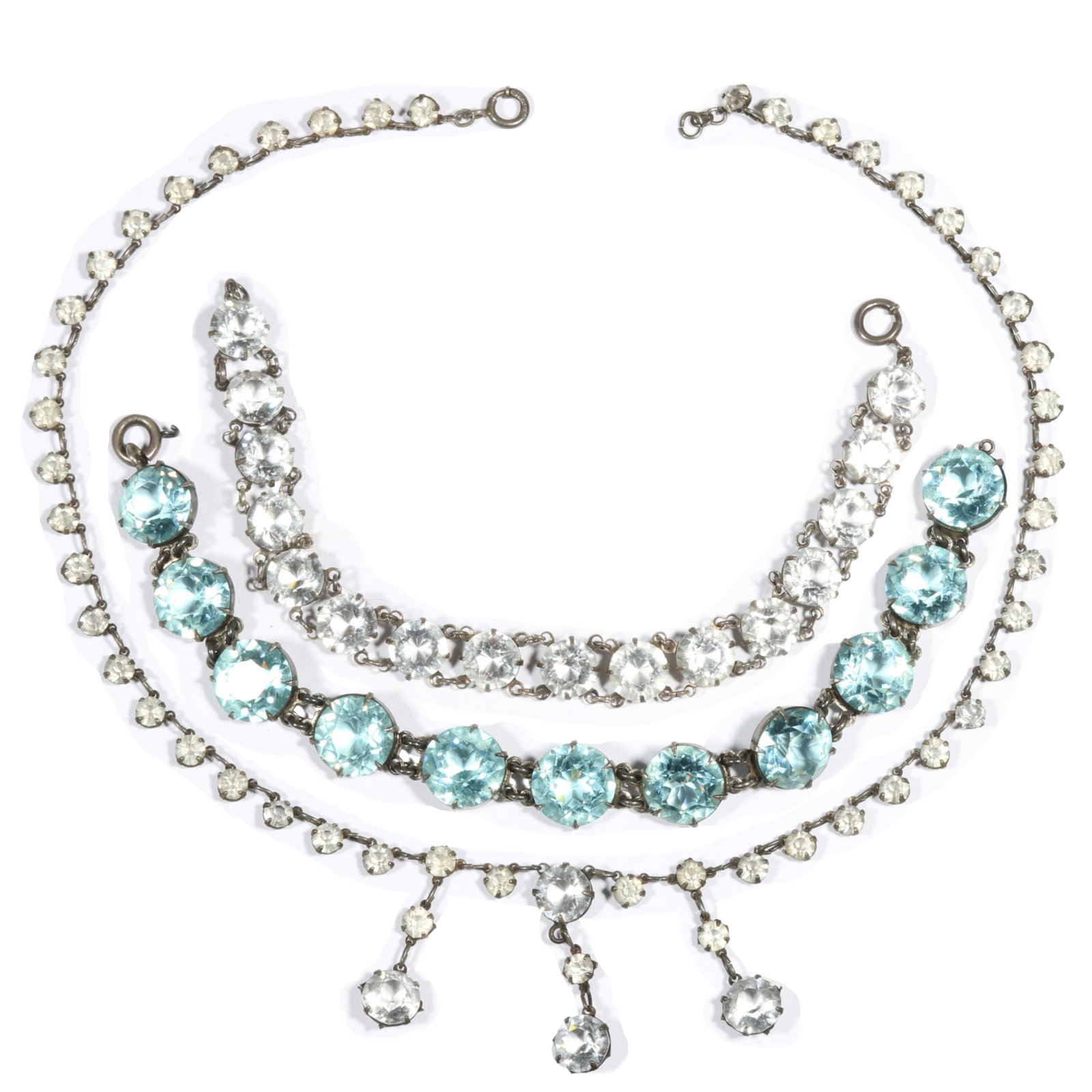 Art Deco sterling silver riviere crystal necklace and two sterling silver bracelets. 7 1/2" L x 1/2" (1 of 13)
