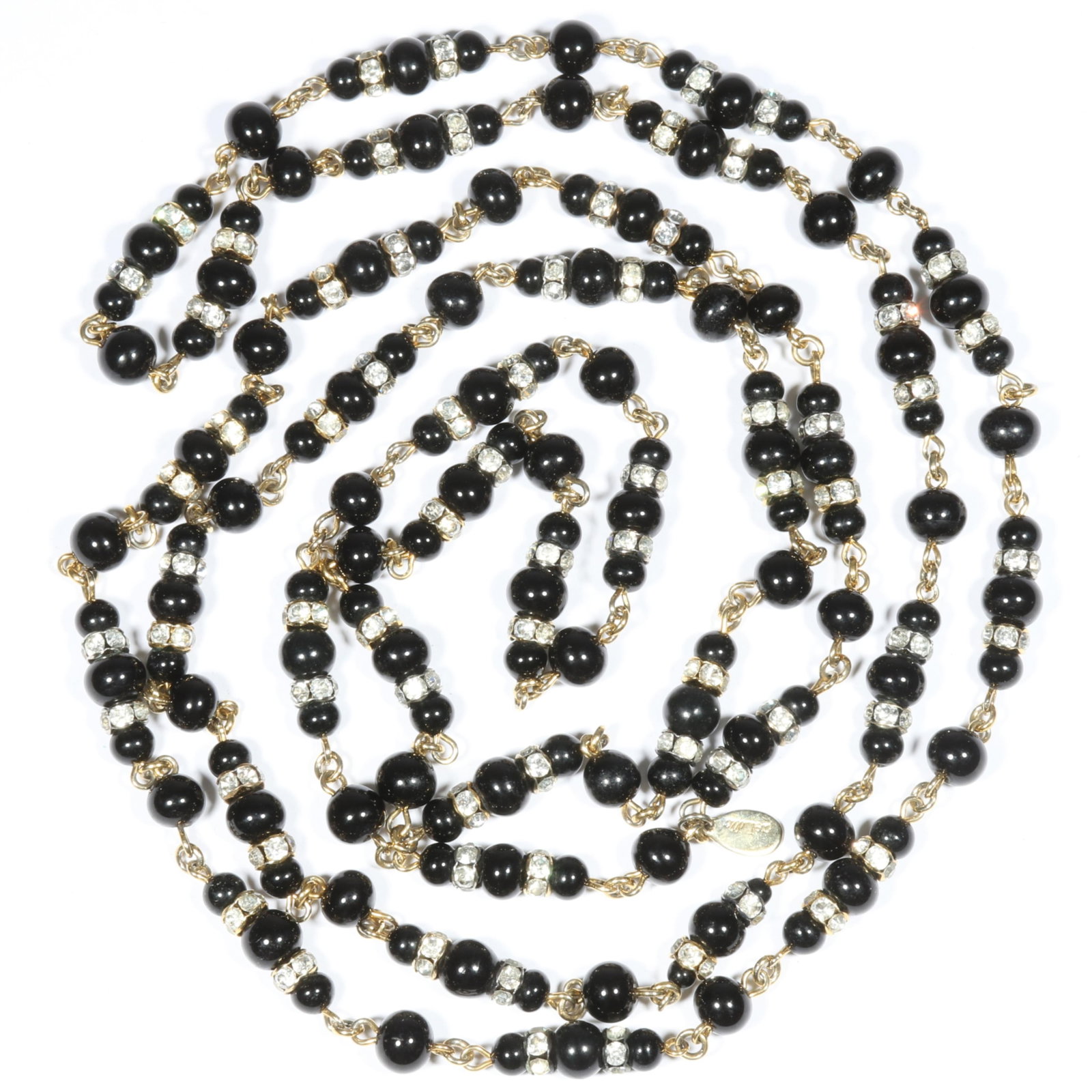 William de Lillo long black glass and rhinestone crystal necklace. 61 1/2"L x 7.6mm W: William de Lillo long black glass and rhinestone crystal necklace. 61 1/2"L x 7.6mm W