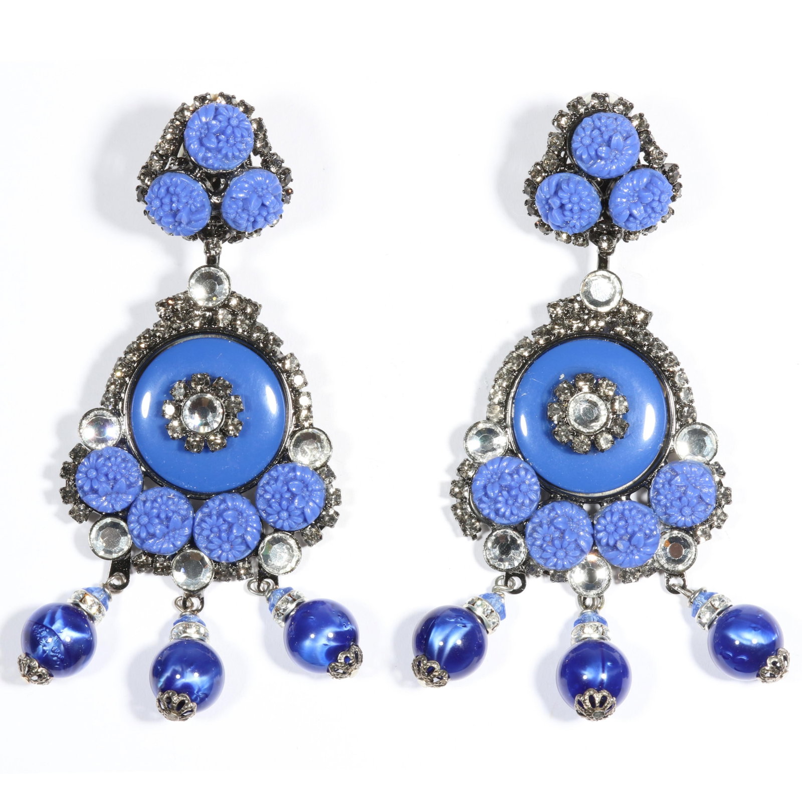Lawrence VRBA large blue rosette drop earrings with rhinestone crystals 4 1/2"Drop x 2"W: Lawrence VRBA large blue rosette drop earrings with rhinestone crystals 4 1/2"Drop x 2"W