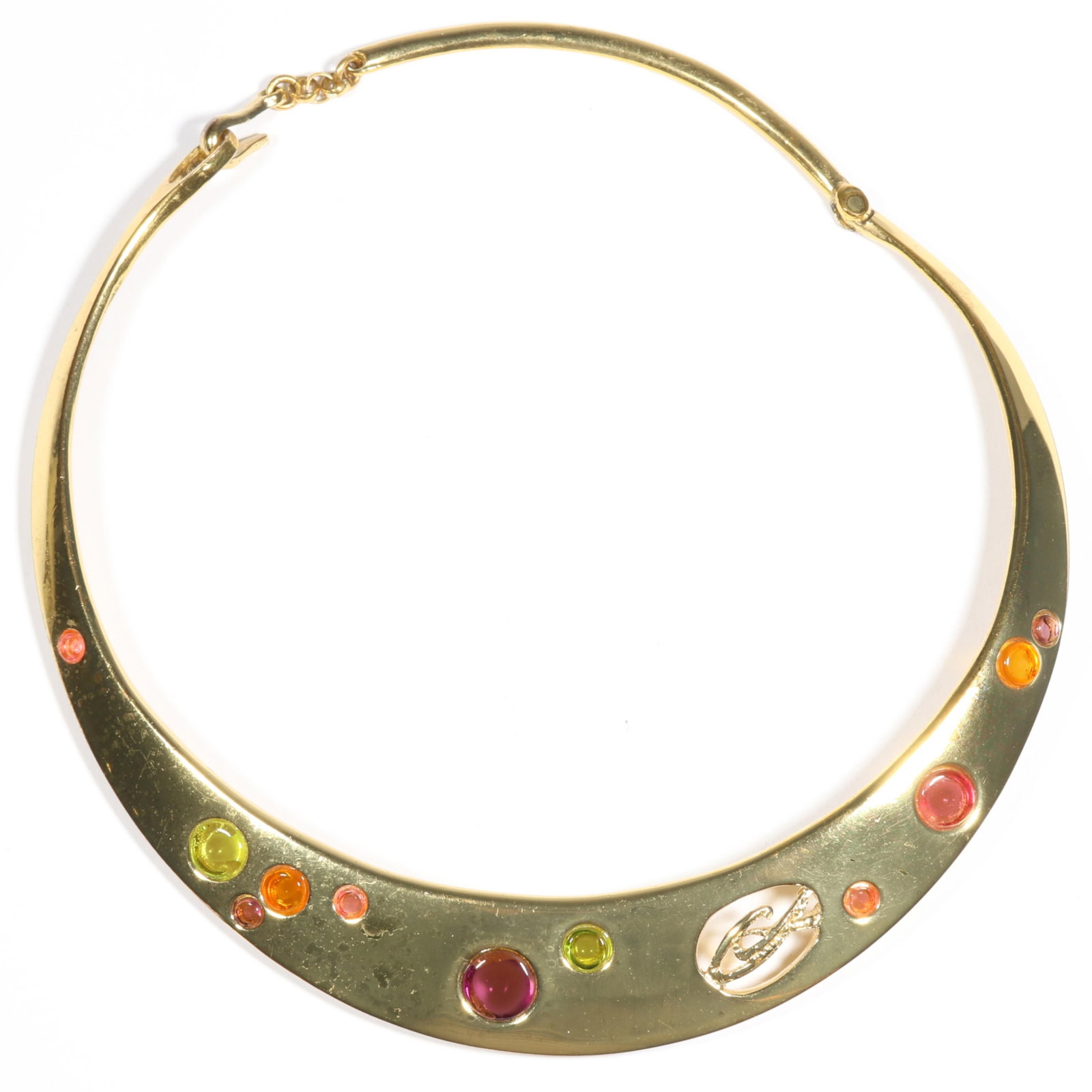 Christian Lacroix French designer brutalist metal casted collar necklace with multi-colored reverse: Christian Lacroix French designer brutalist metal casted collar necklace with multi-colored reverse set cabochons and cut-out monogram. 14 1/2"Circumference x 7/8"H