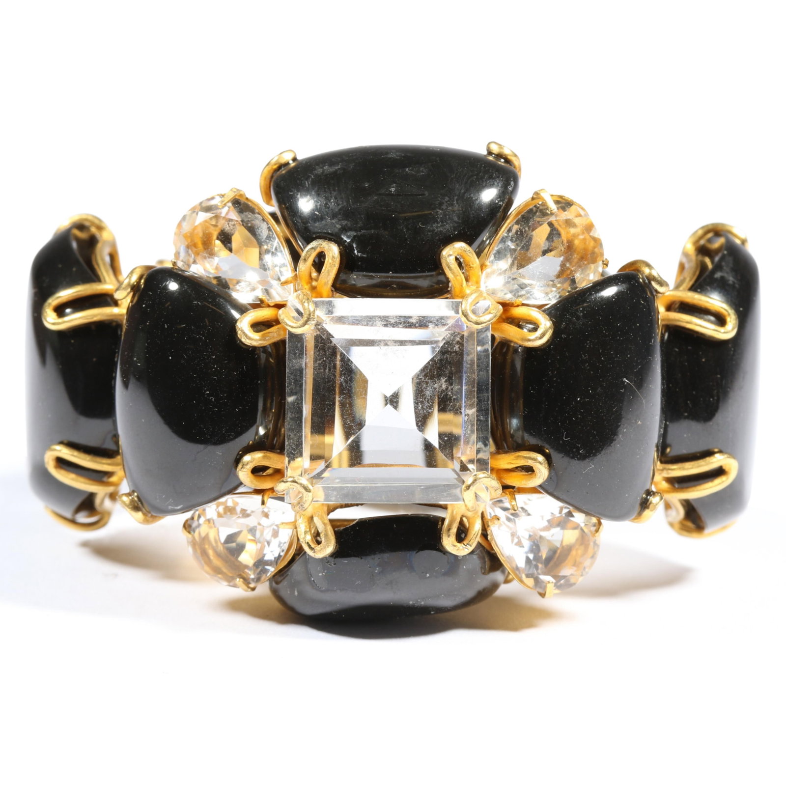 Hassan Bounkit Onyx and Rock crystal cuff with original box. 2 1/8"Inner Diameter x 1 7/8"H: Hassan Bounkit Onyx and Rock crystal cuff with original box. Glue residue on top stone. From the life time collection of Donna Soodalter-Toman, DIVA owner/founder and winner of Best of Boston for DIVA