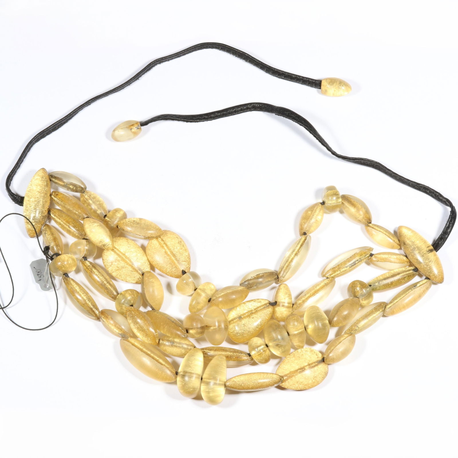 Signed MONIES gold foil resin beaded necklace with original tag. 31 1/2"L x 2 5/8"W (1 of 9)