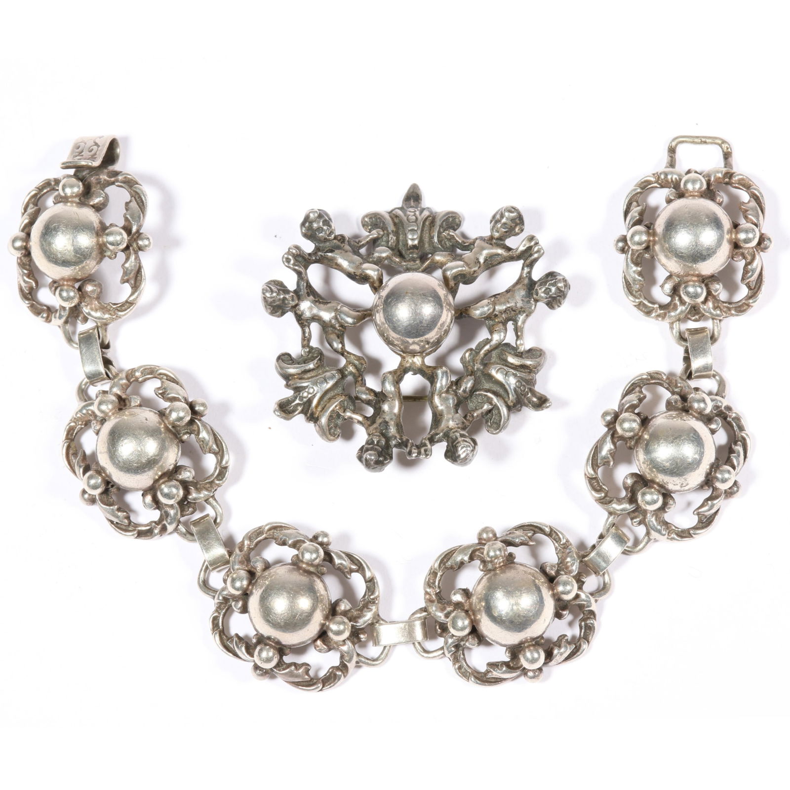 Guglielmo Cini vintage sterling silver orb bracelet and complementary cherub brooch. 7 1/4"L x 7/8"W (1 of 14)