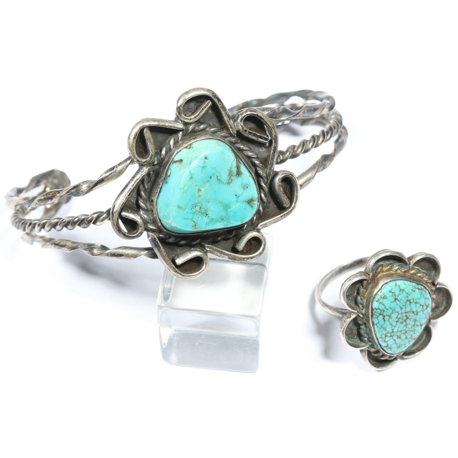 Vintage Native American unmarked silver? turquoise cuff bracelet and ring. 1 1/4"H x 2 1/4"Inner (1 of 19)