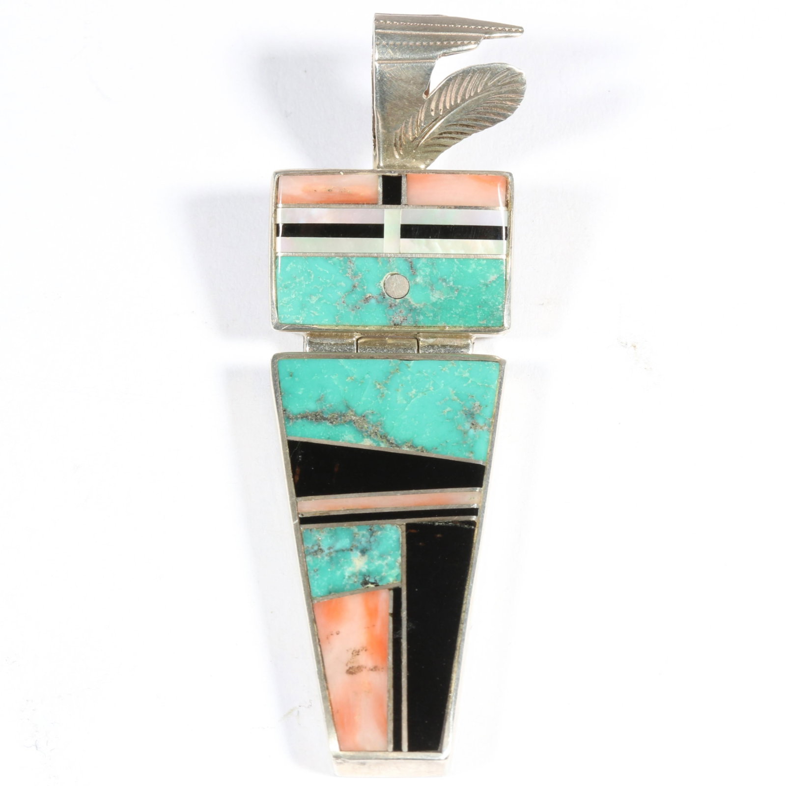 Native American Navajo sterling silver intarsia inlay pendant with onyx, coral, and turquoise, (1 of 8)
