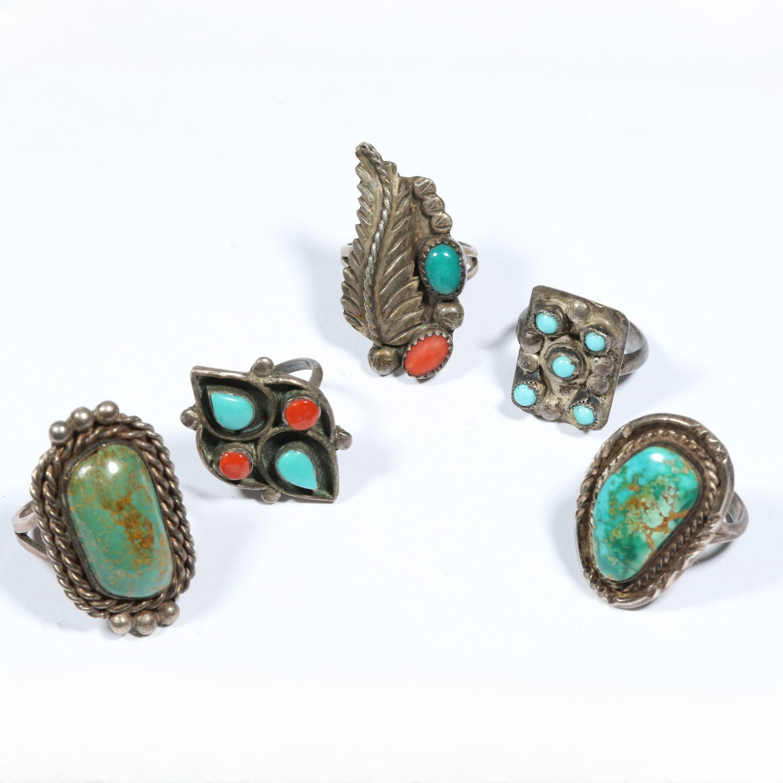 Vintage Native American 5pc. turquoise and coral ring group, unmarked sterling? Ring sizes 4, 5 1/2, (1 of 10)