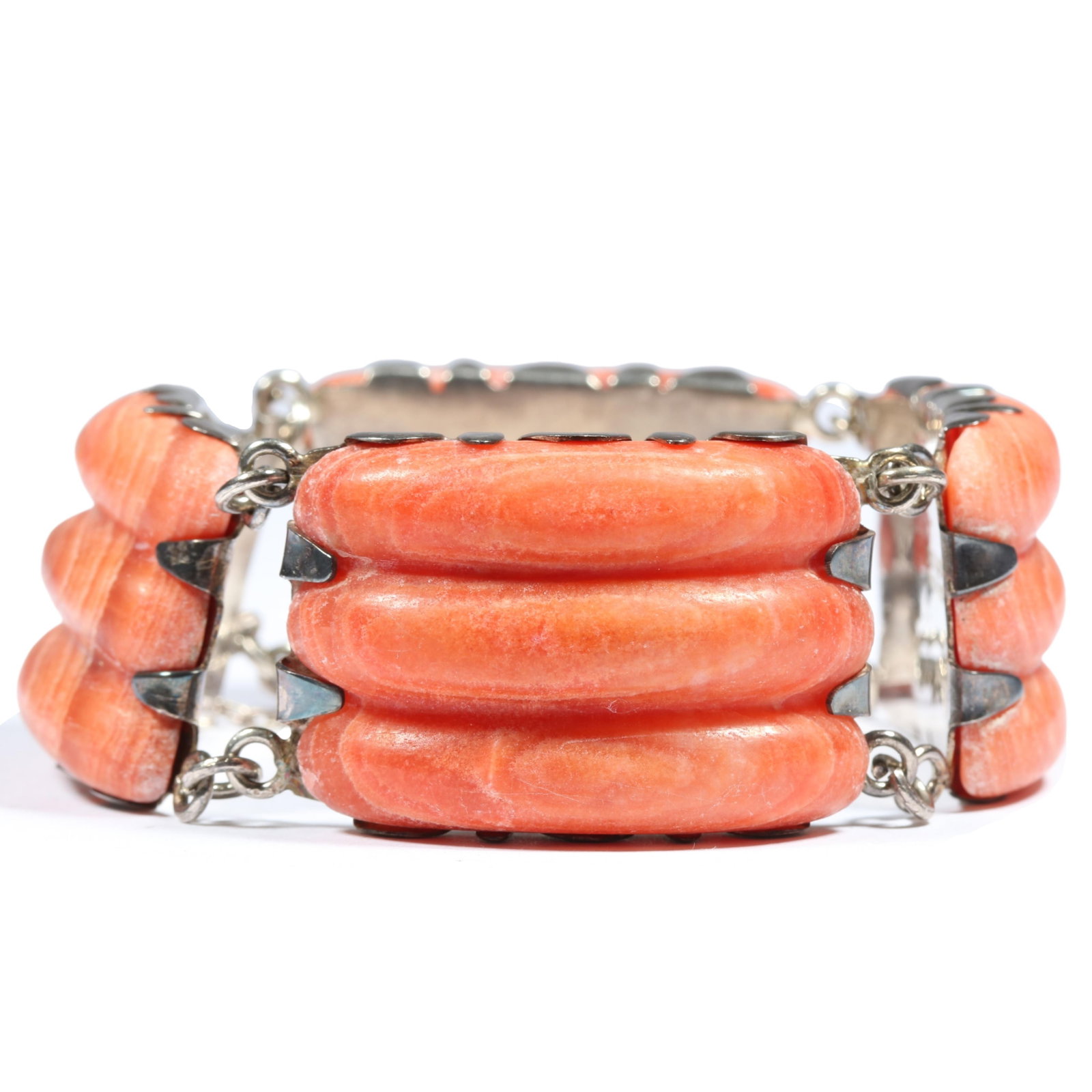 Vintage Mexican silver chunky carved coral panel bracelet. 7"L x 1"W: Vintage Mexican silver chunky carved coral panel bracelet. 7"L x 1"W