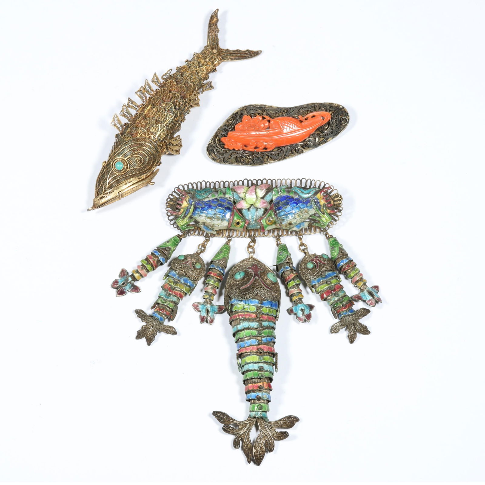 Antique Chinese export enamel large articulated fish drop brooch, Chinese silver carved coral boat, (1 of 18)